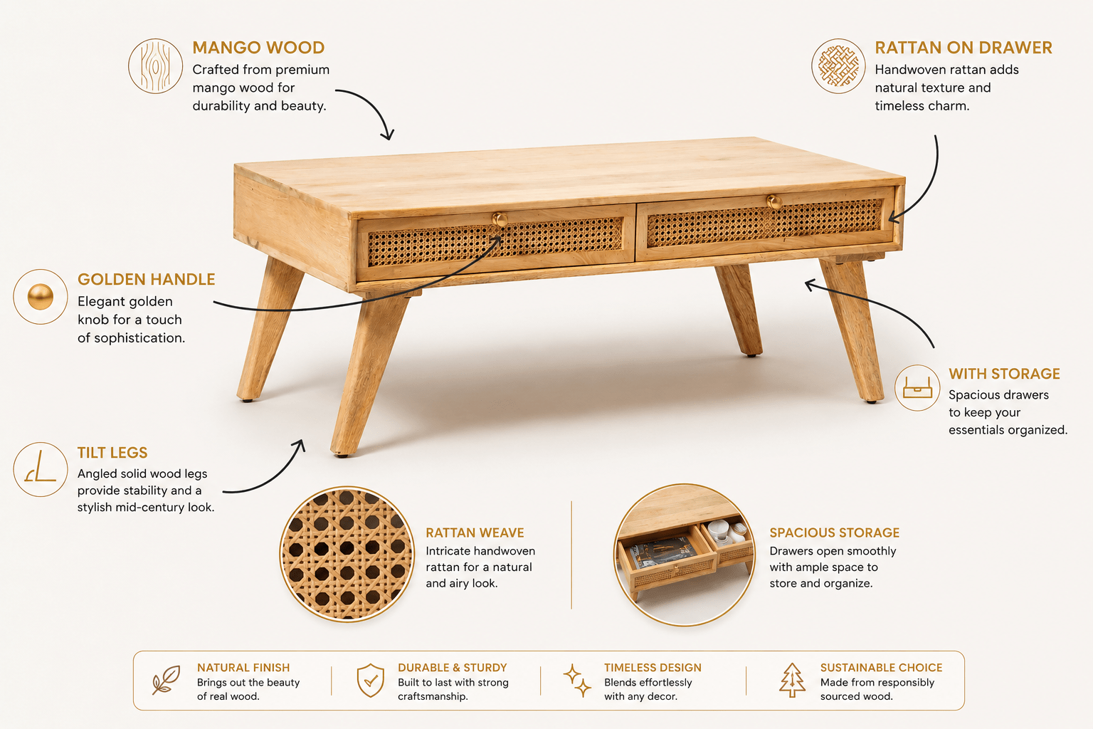 Milano Rattan Wooden Coffee Table - Art and craft furniture