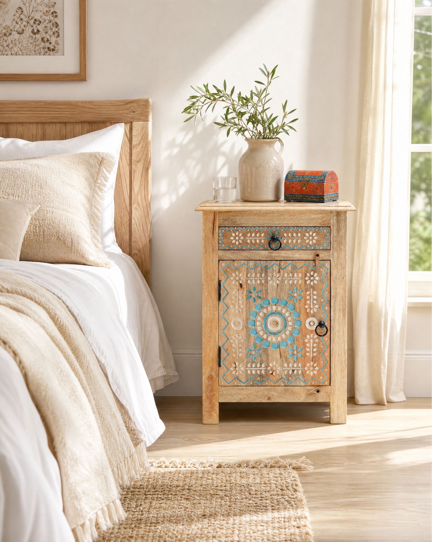 Monarch Carving Mango Wood Bed Side Table - Art and craft furniture