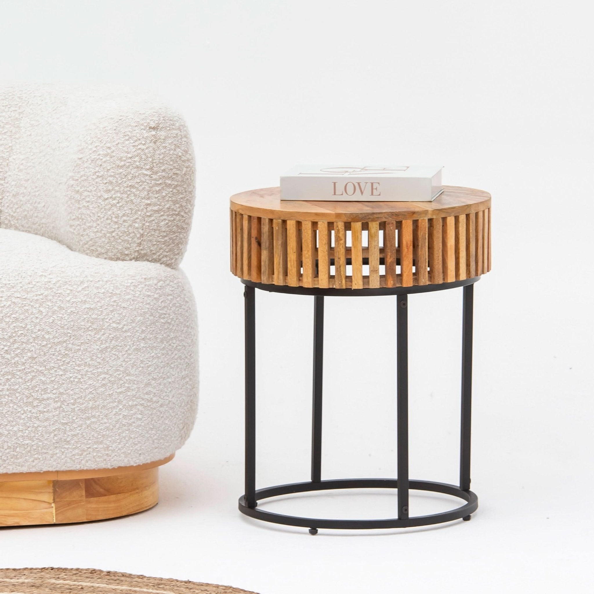 MONTERA WOODEN ROUND SIDETABLE WITH METAL LEGS - Art and craft furniture