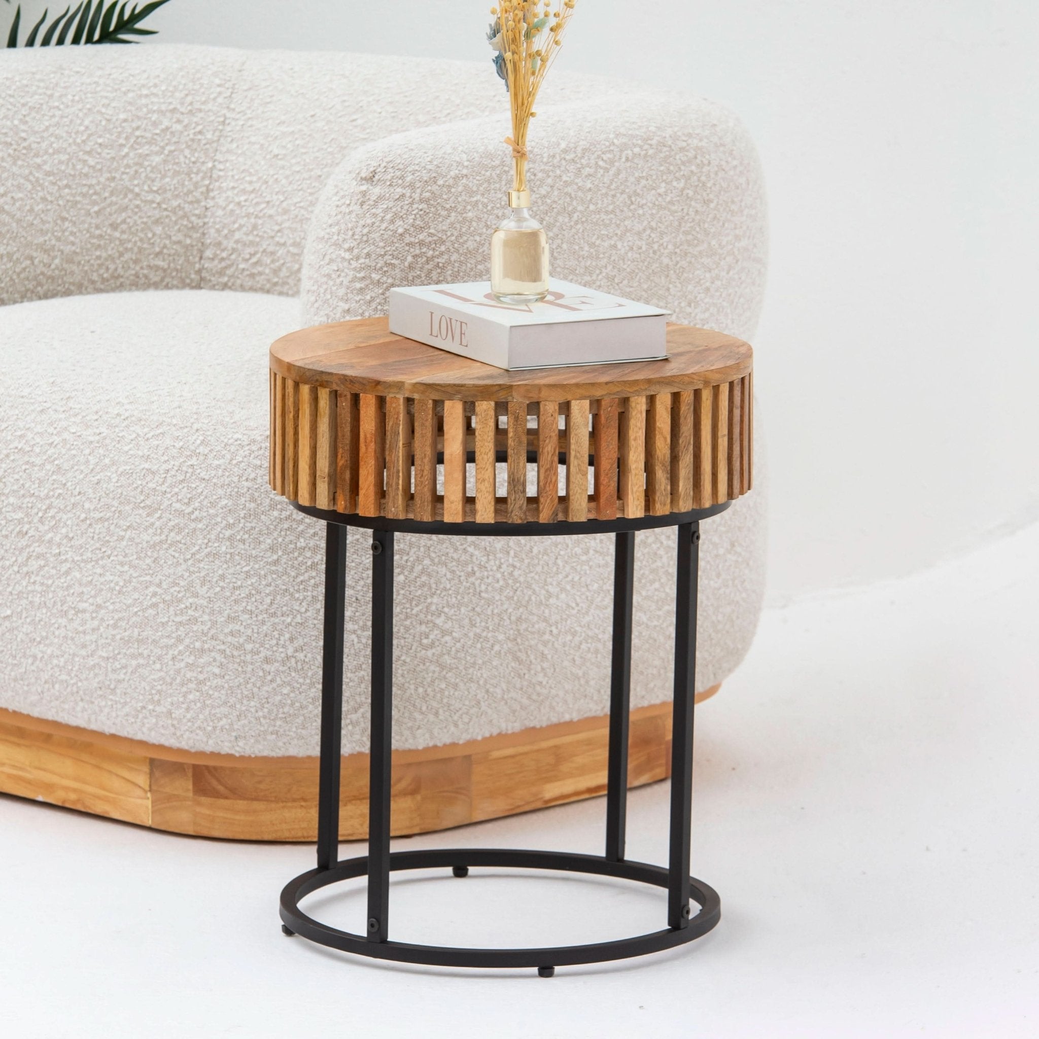 MONTERA WOODEN ROUND SIDETABLE WITH METAL LEGS - Art and craft furniture