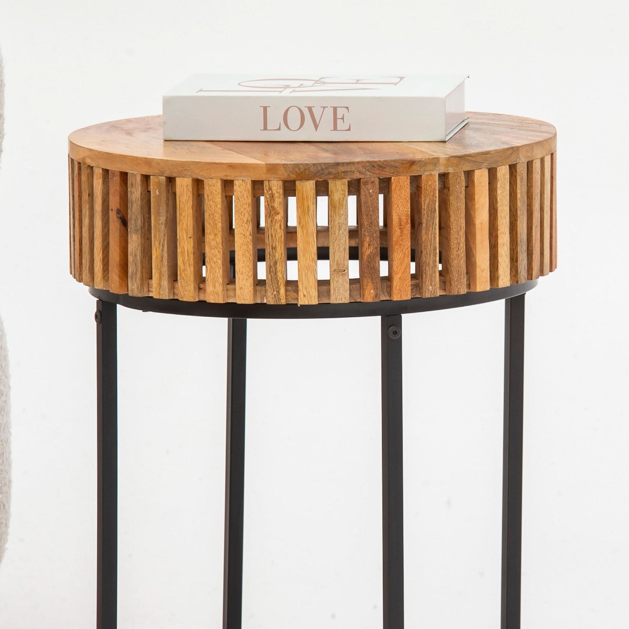 MONTERA WOODEN ROUND SIDETABLE WITH METAL LEGS - Art and craft furniture