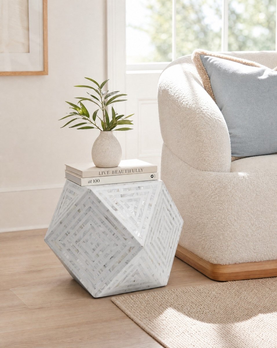 Moonlit Black Strip Black Mother Of Pearl Diamond Stool - Art and craft furniture