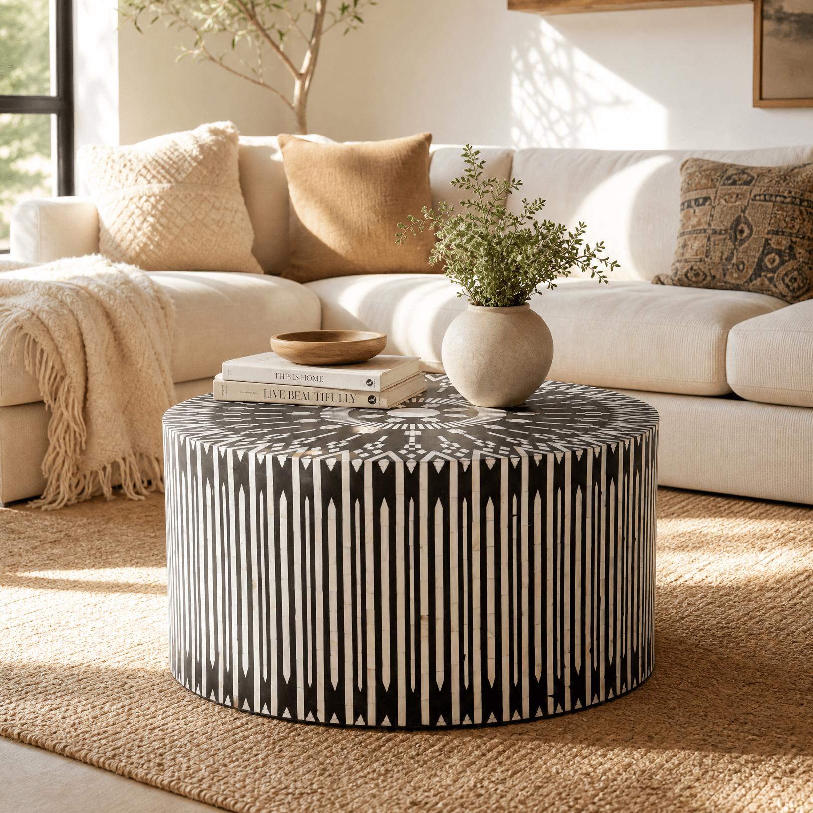 MOONLIT-BLACK STRIP MOTHER OF PEARL COFFEE TABLE - Art and craft furniture