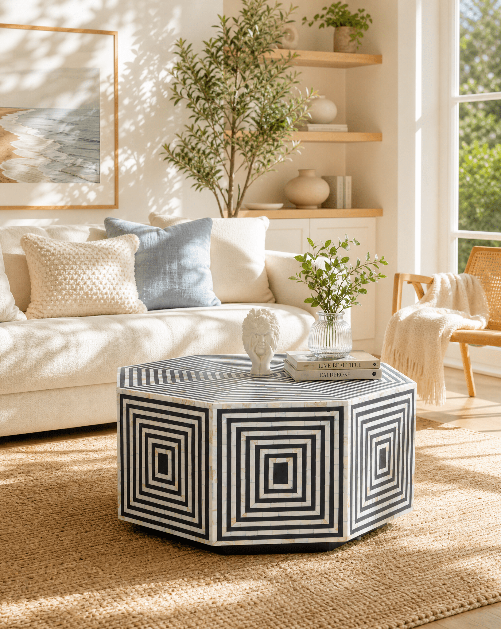 MOONLIT-BLUE MOTHER OF PEARL HEXA COFFEE TABLE - Art and craft furniture