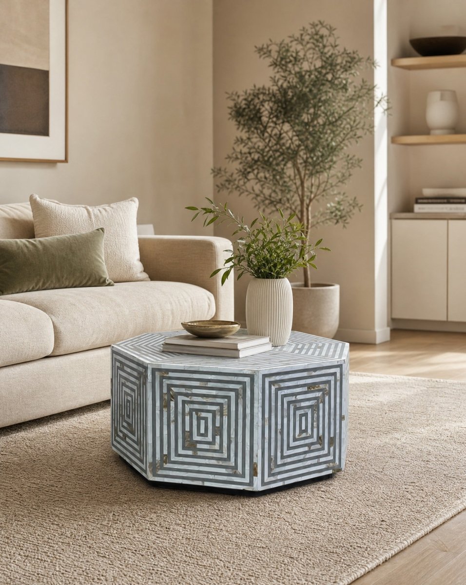 Moonlit Grey Mothers Of Pearl Hexa Coffee Table - Art and craft furniture