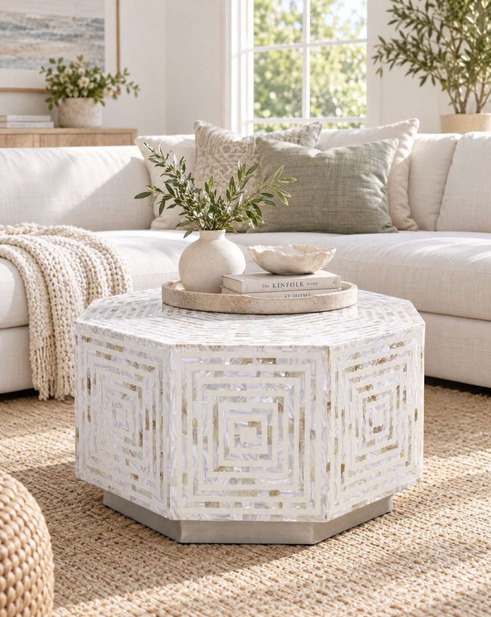 Moonlit White Mothers Of Pearl Hexa Coffee Table - Art and craft furniture