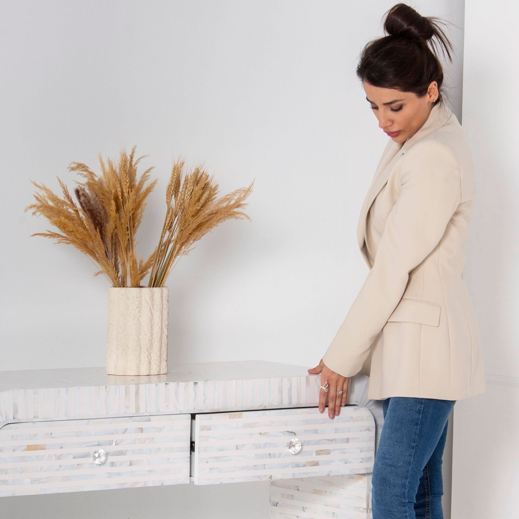 MOONLIT WHITE STRIP MOTHER OF PEARL DRAWER CONSOLE TABLE - Art and craft furniture