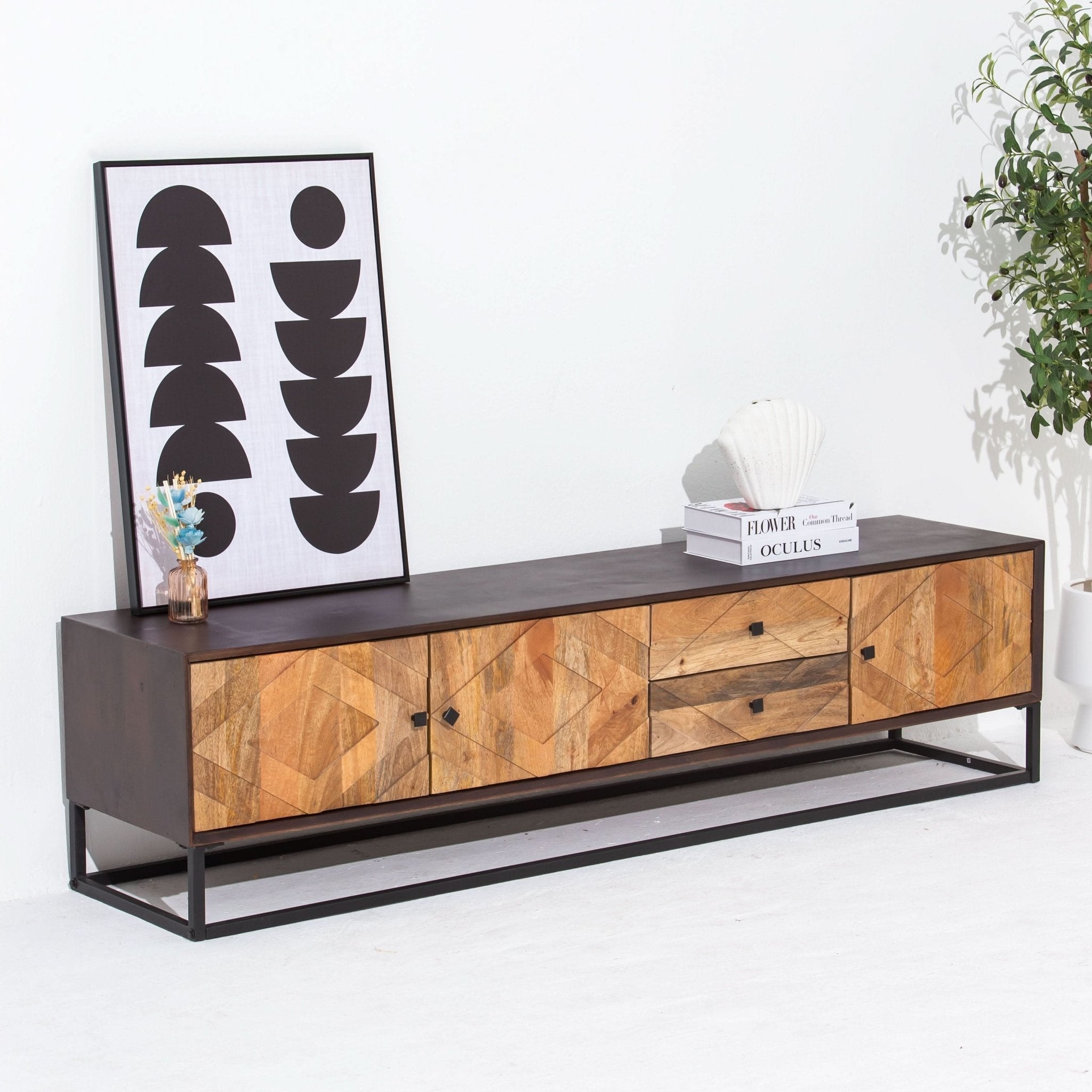 MORO WOODEN THREE DOOR TWO DRAWER TV STAND - Art and craft furniture