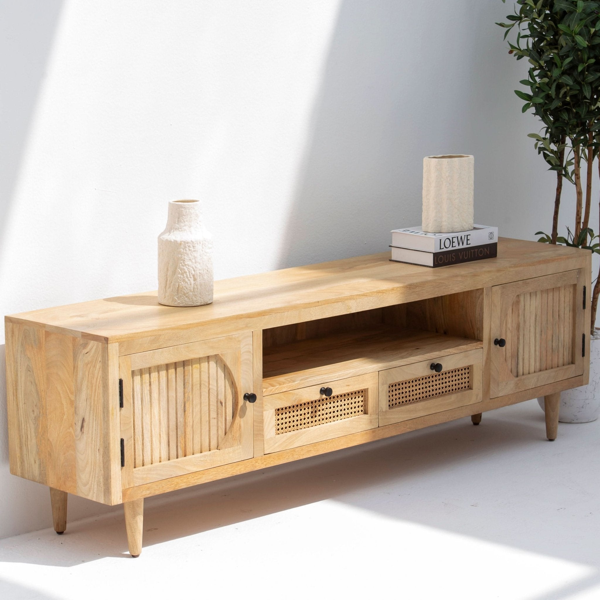 MORRIS-CANE TWO WOODEN DOOR TWO CANE DRAWER TV STAND - Art and craft furniture