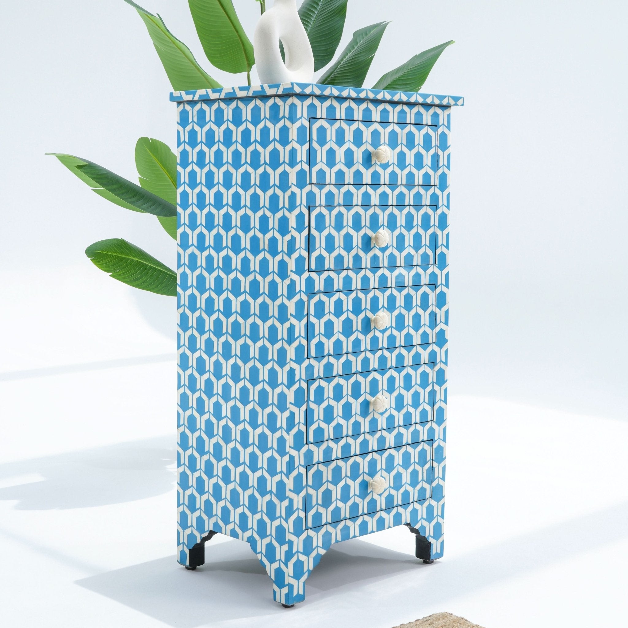 MOSAIC-BLUE INLAY FIVE DRAWER SINGLE DRAWCHEST - Art and craft furniture