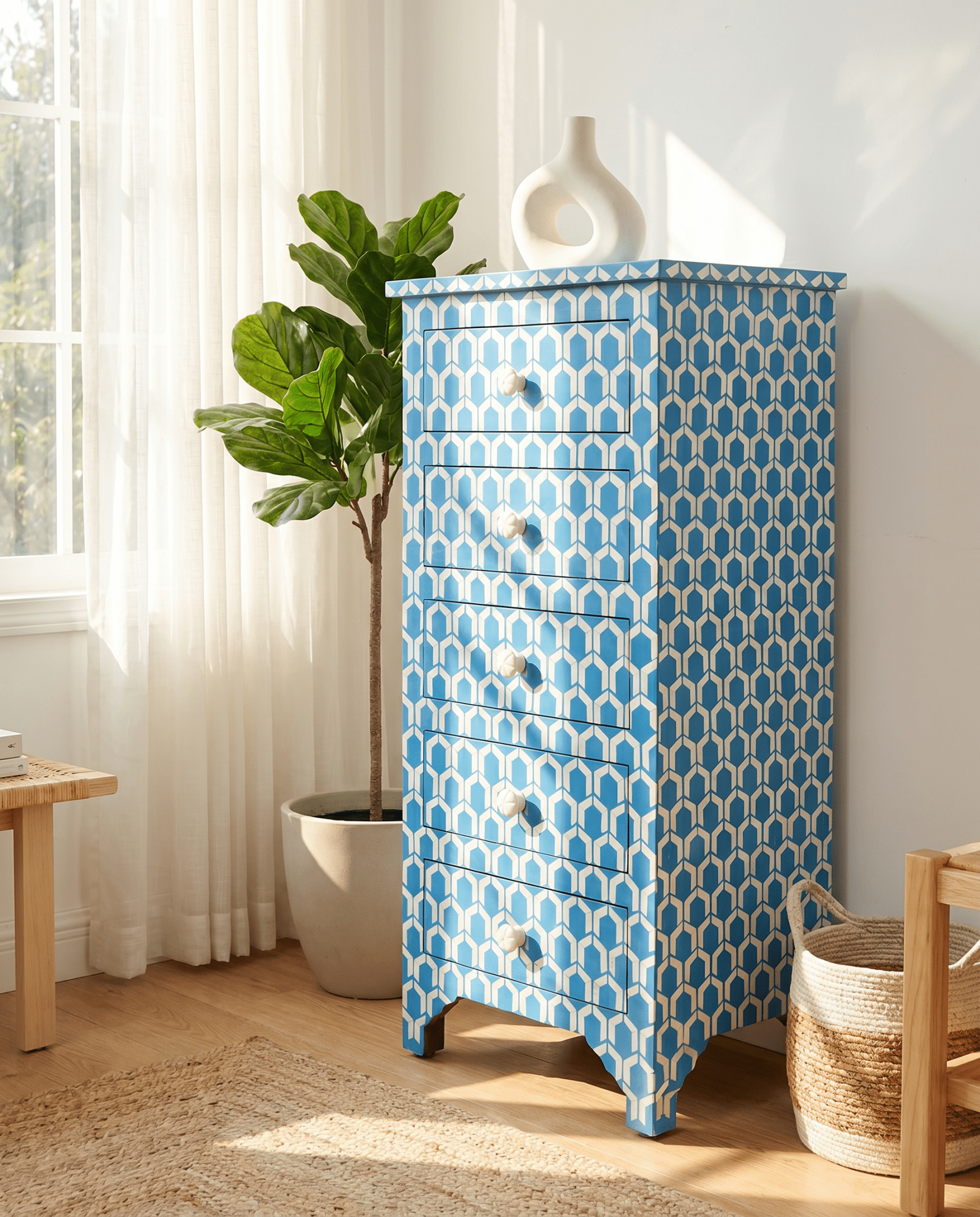 MOSAIC-BLUE INLAY FIVE DRAWER SINGLE DRAWCHEST - Art and craft furniture