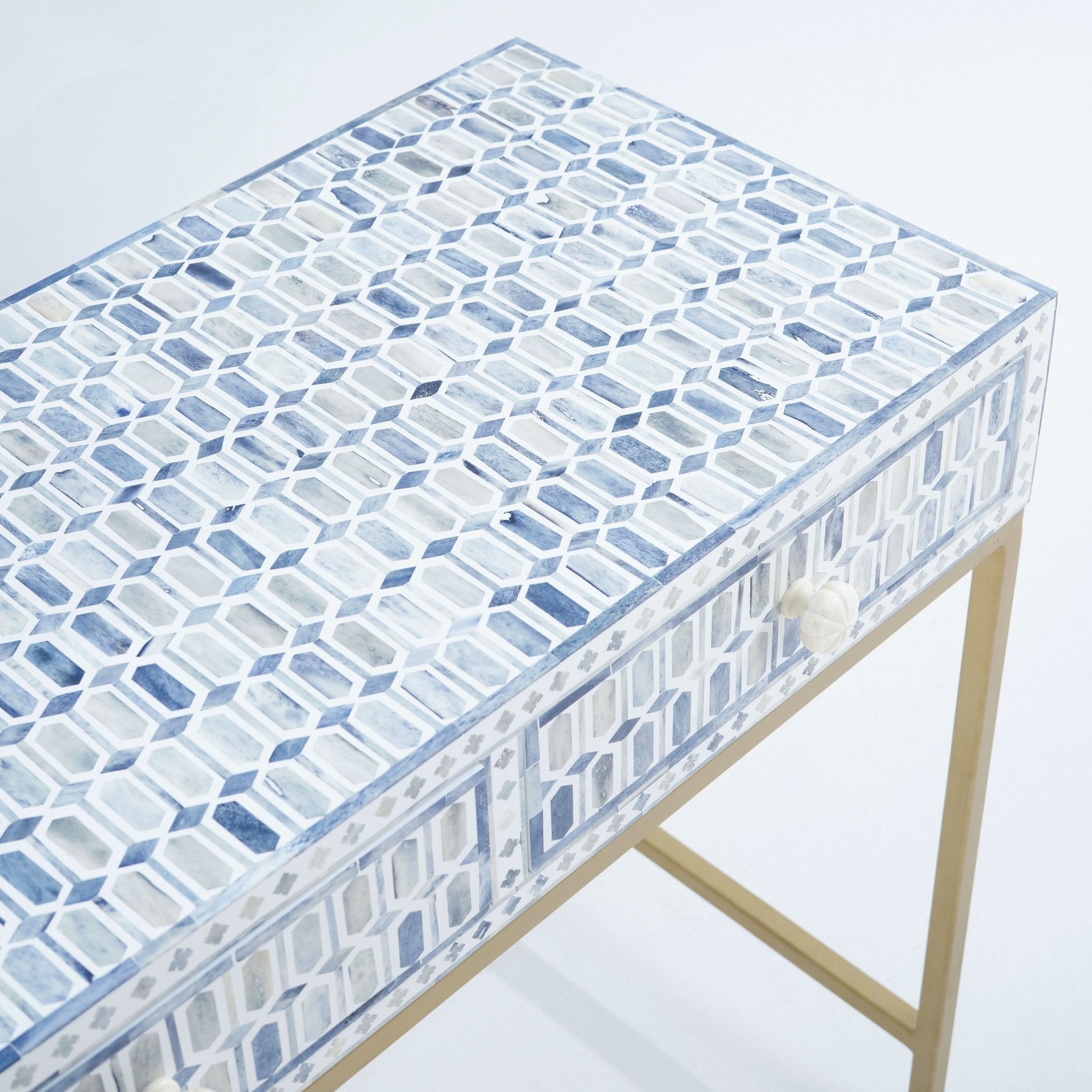 MOSAIC-BLUE INLAY THREE DRAWER CONSOLE TABLE - Art and craft furniture