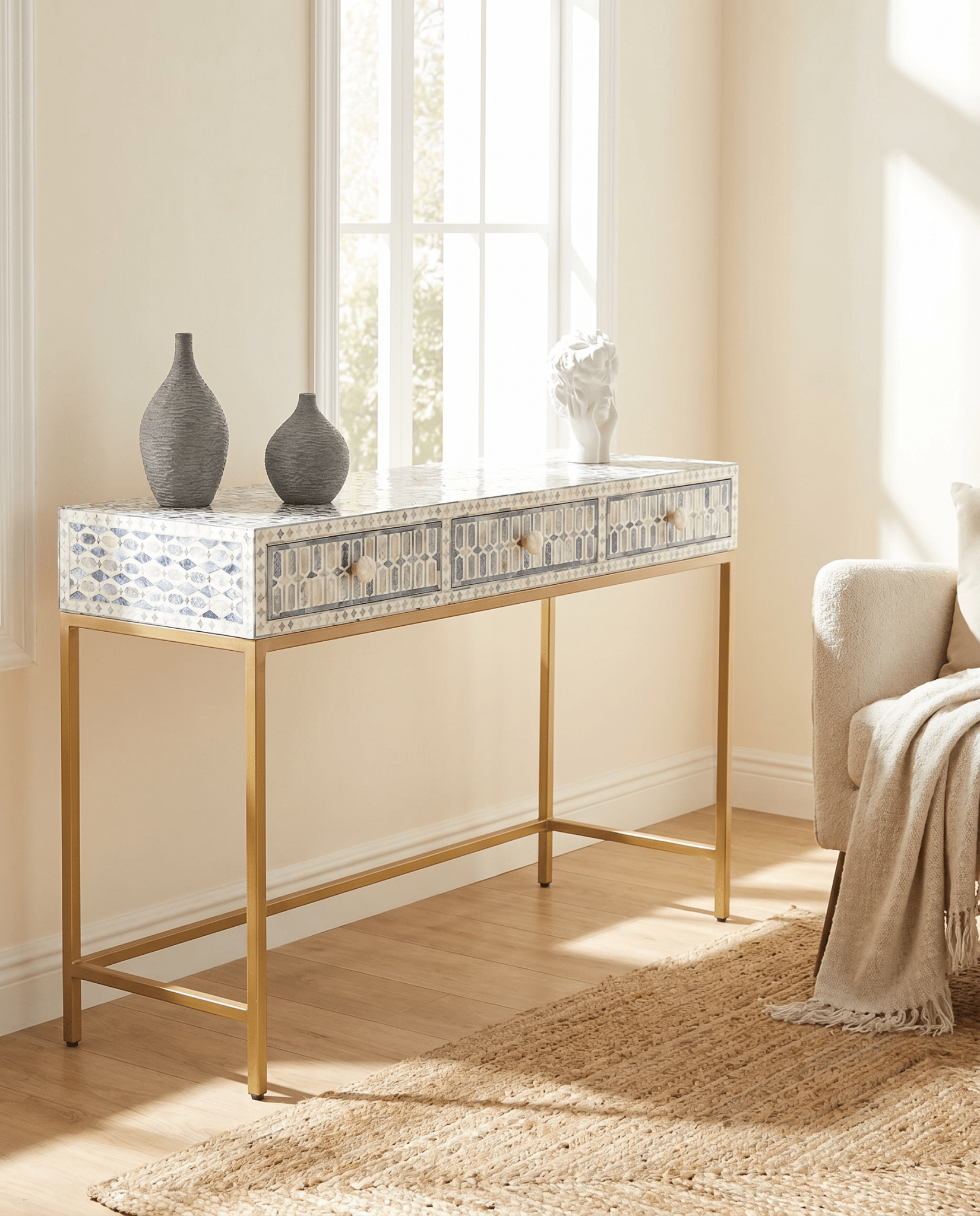 MOSAIC-BLUE INLAY THREE DRAWER CONSOLE TABLE - Art and craft furniture
