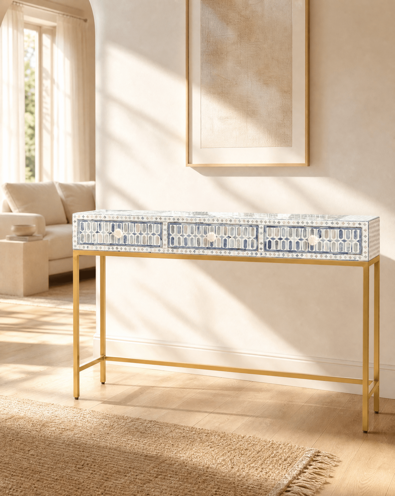MOSAIC-BLUE INLAY THREE DRAWER CONSOLE TABLE - Art and craft furniture