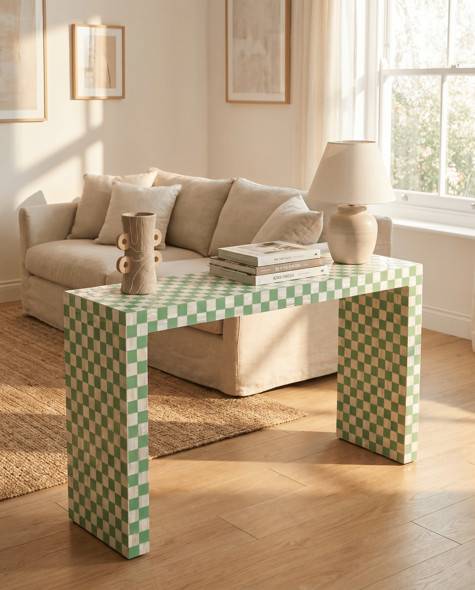 MOSAIC-GREEN INLAY U SHAPE CONSOLE TABLE - Art and craft furniture