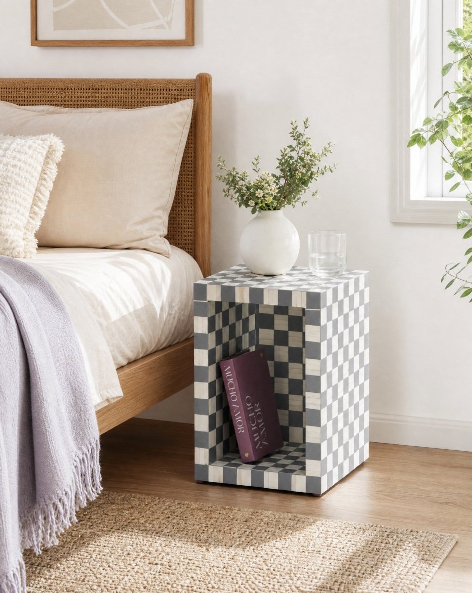 Mosaic Grey Inlay Square Side Table - Art and craft furniture