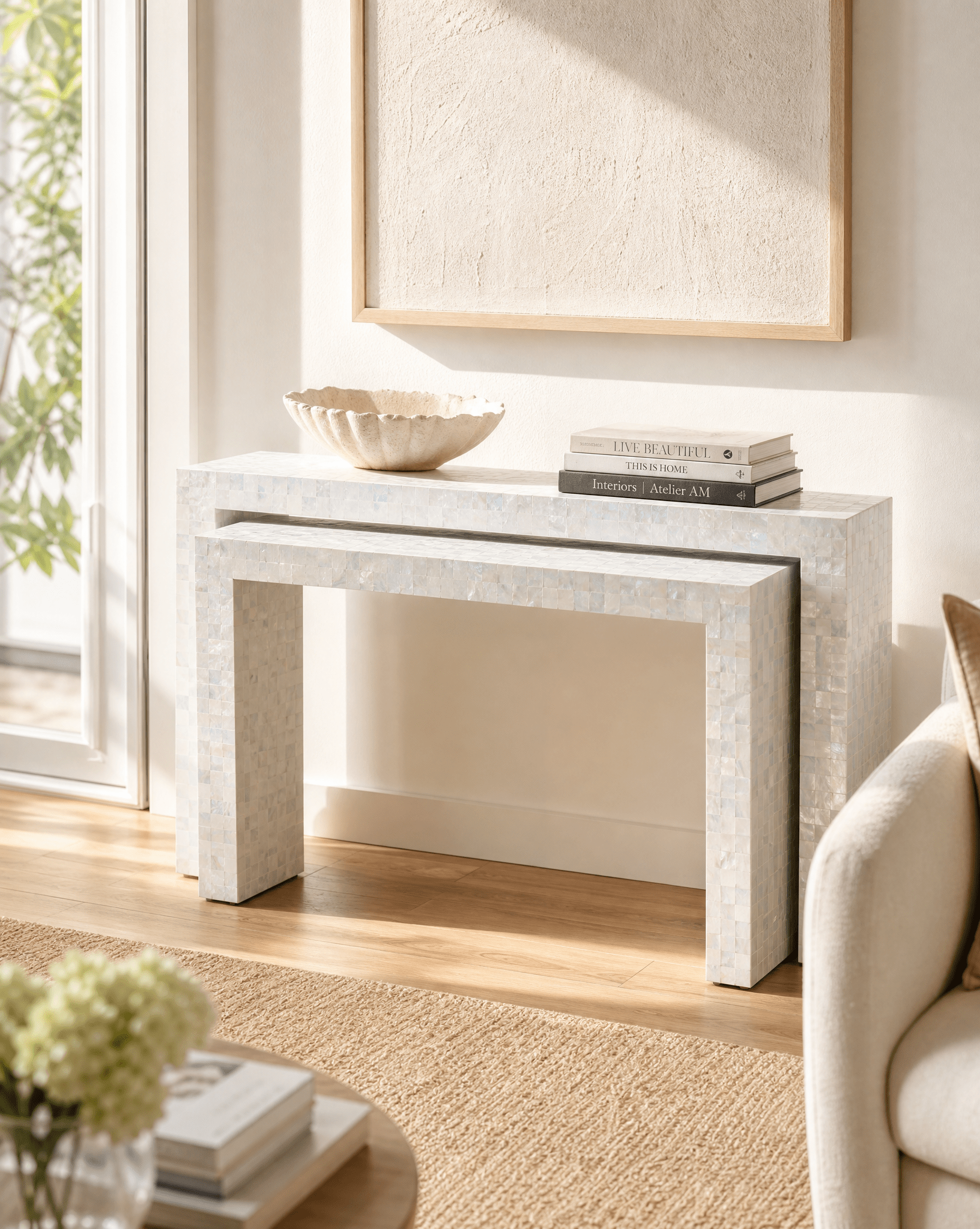 MOSAIC-WHITE MOTHER OF PEARL U SHAPE CONSOLE SET OF TWO - Art and craft furniture