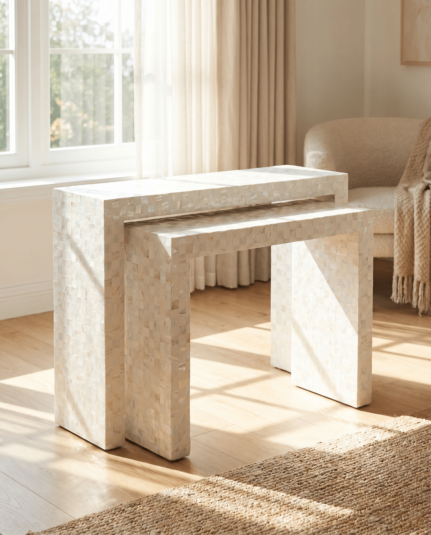 MOSAIC-WHITE MOTHER OF PEARL U SHAPE CONSOLE SET OF TWO - Art and craft furniture