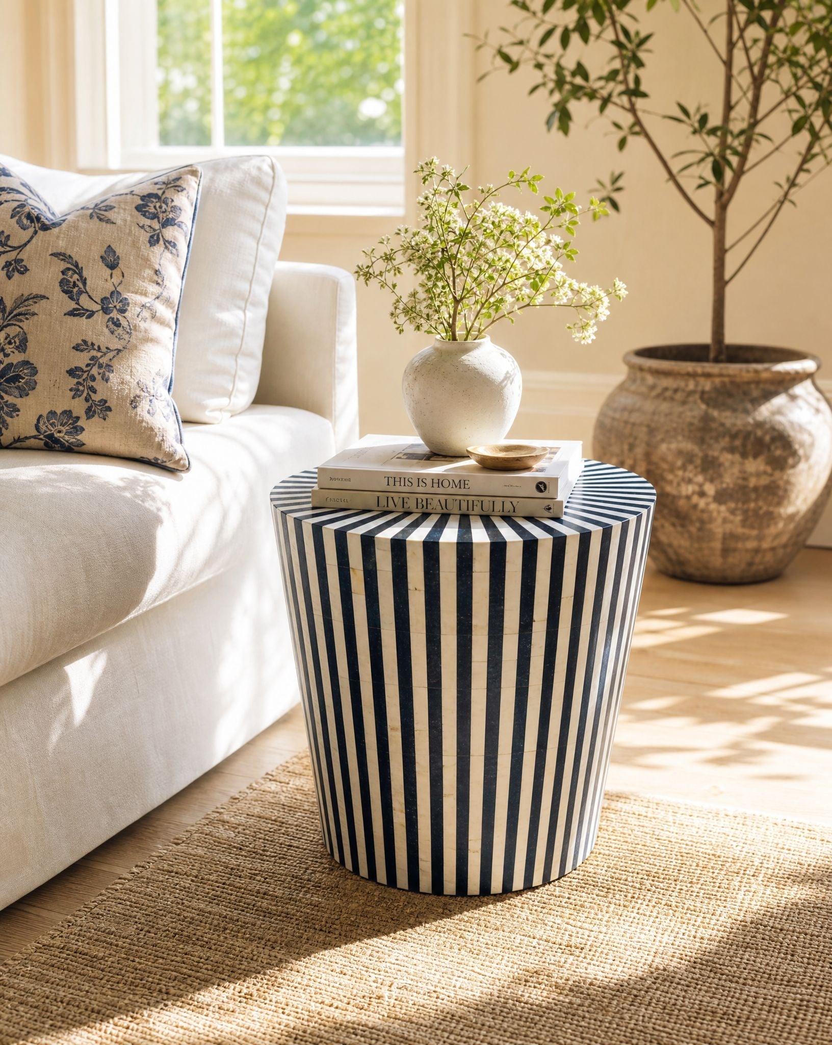 MYSTIC-BLUE STRIP MOTHER OF PEARL ROUND STOOL - Art and craft furniture