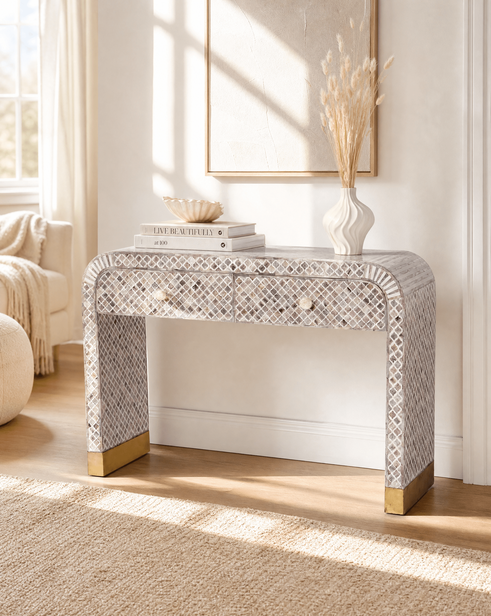 MYSTIC-BROWN INLAY TWO DRAWER CONSOLE TABLE - Art and craft furniture