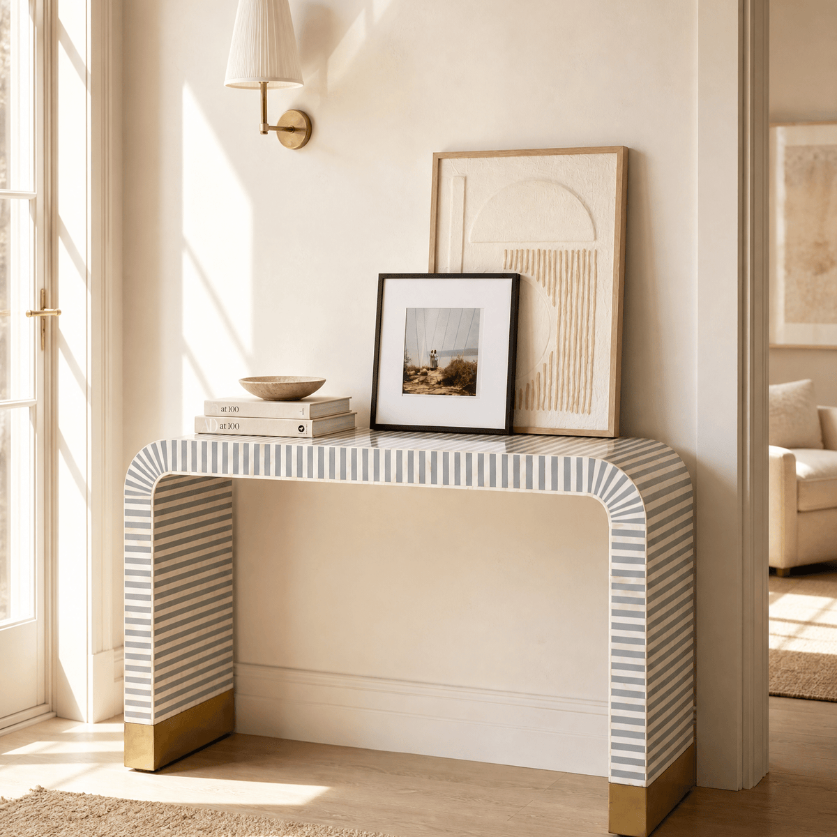MYSTIC-GREY STRIP INLAY U SHAPE CONSOLE TABLE