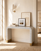 MYSTIC-GREY STRIP INLAY U SHAPE CONSOLE TABLE - Art and craft furniture