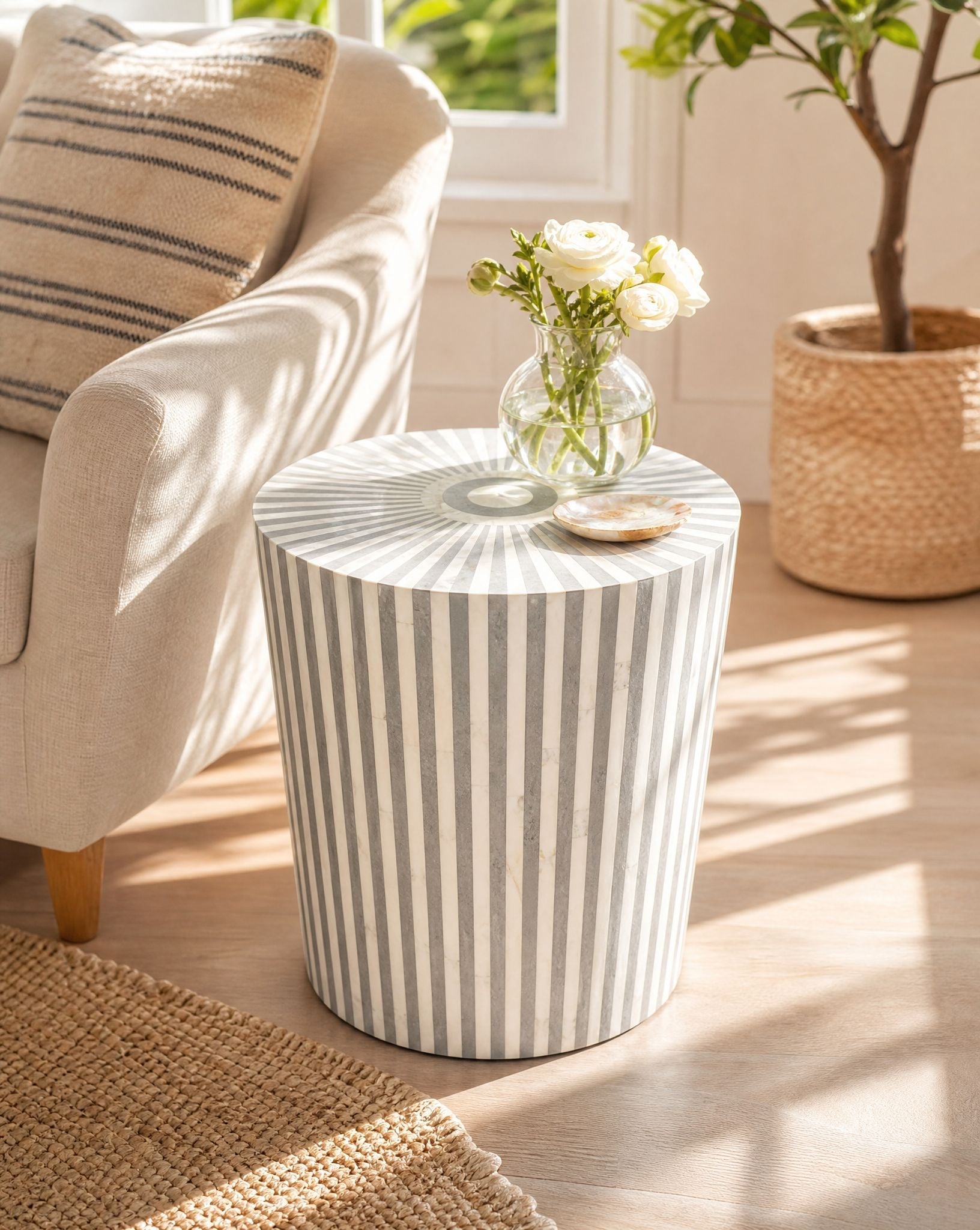 MYSTIC-GREY STRIP MOTHER OF PEARL ROUND STOOL - Art and craft furniture