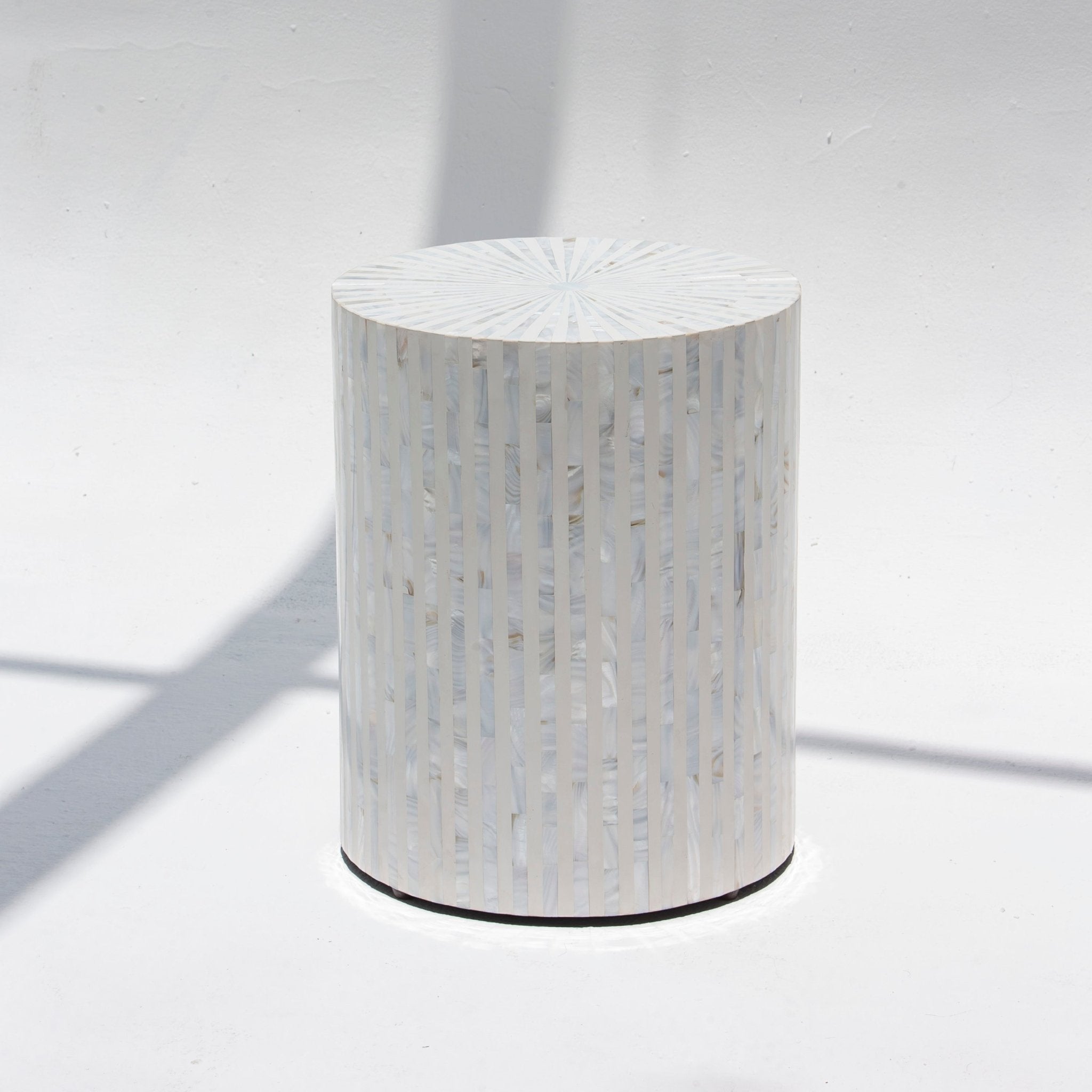 MYSTIC-WHITE STRIP MOTHER OF PEARL ROUND STOOL - Art and craft furniture