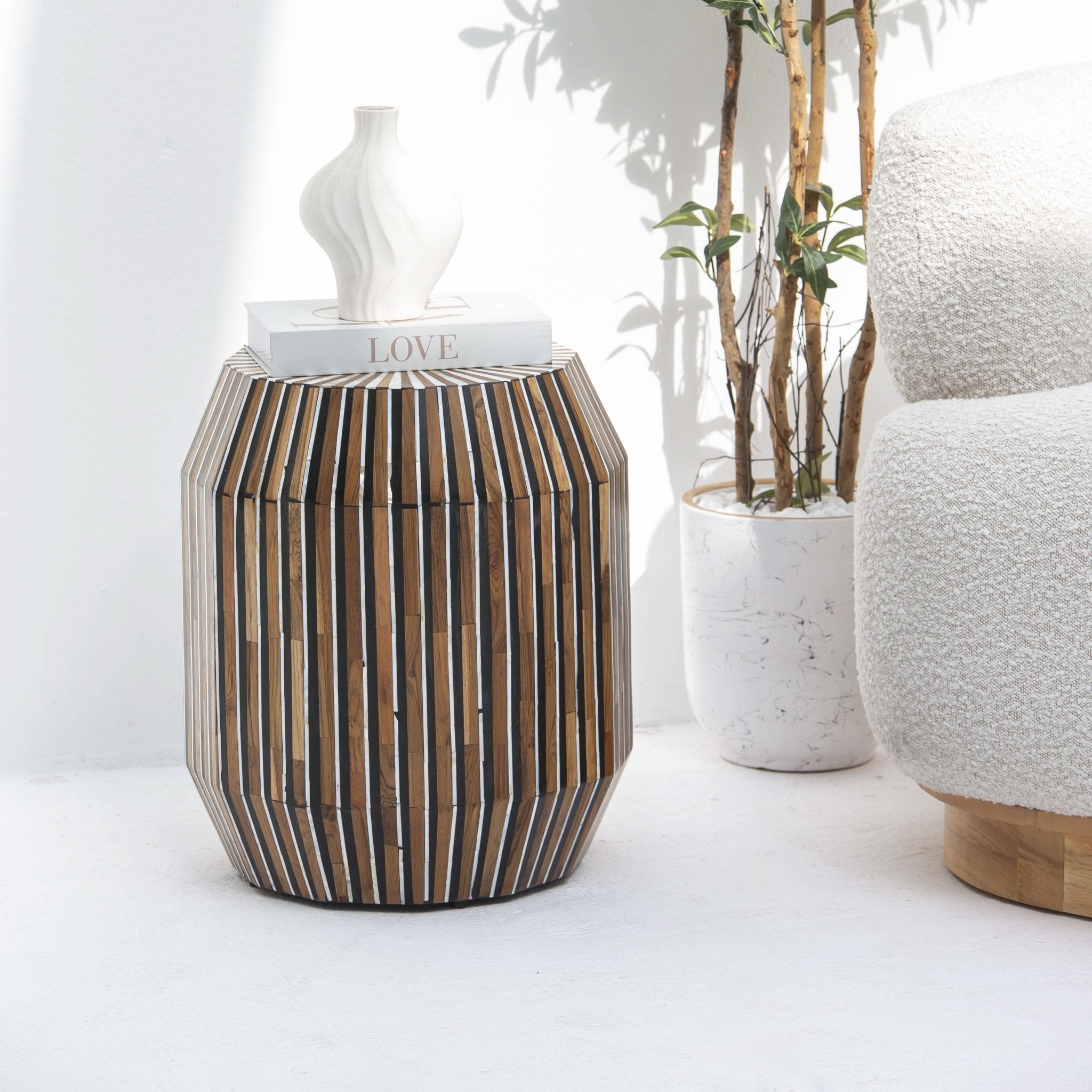 MYSTIC WOODEN INLAY BARREL SIDE STOOL - Art and craft furniture