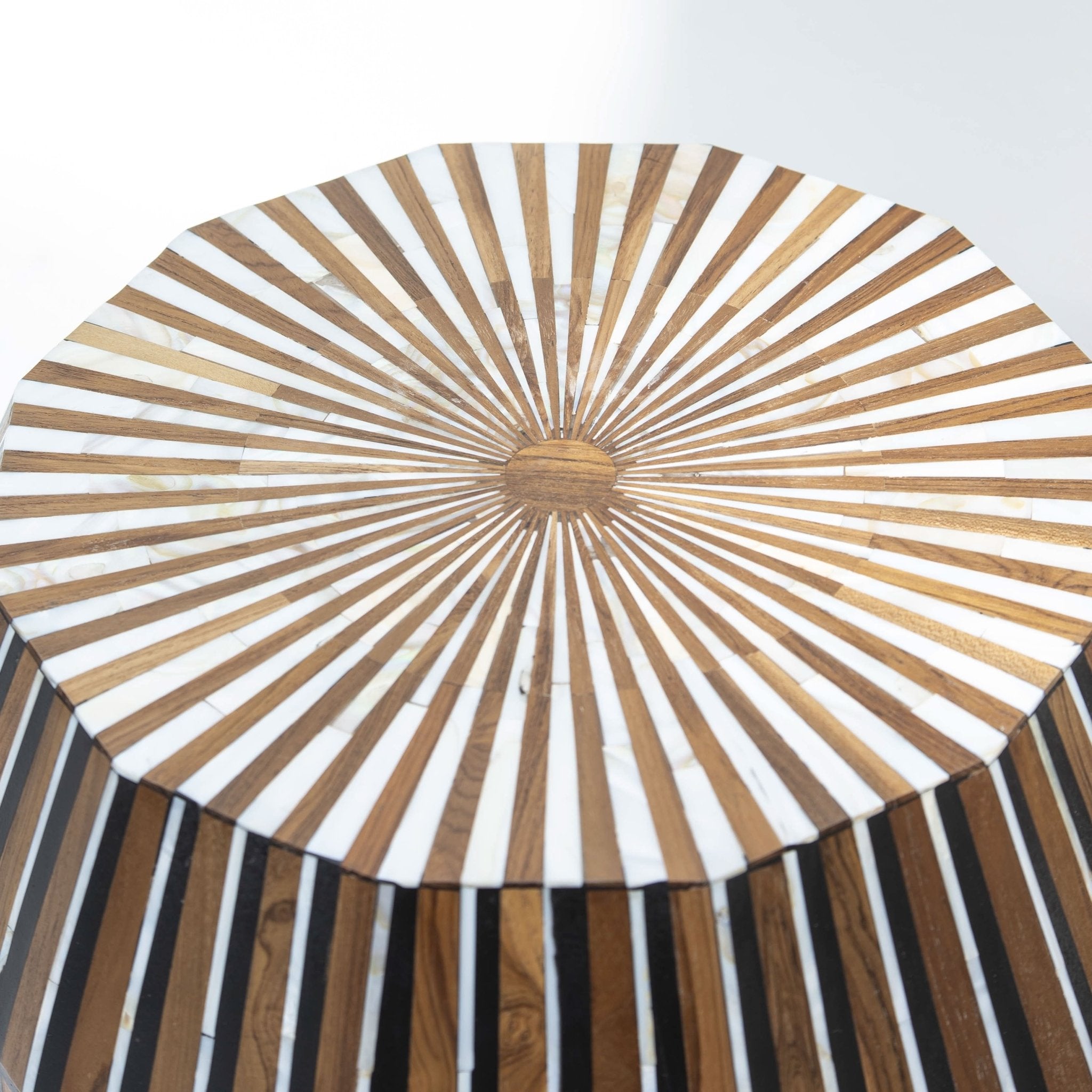 MYSTIC WOODEN INLAY BARREL SIDE STOOL - Art and craft furniture