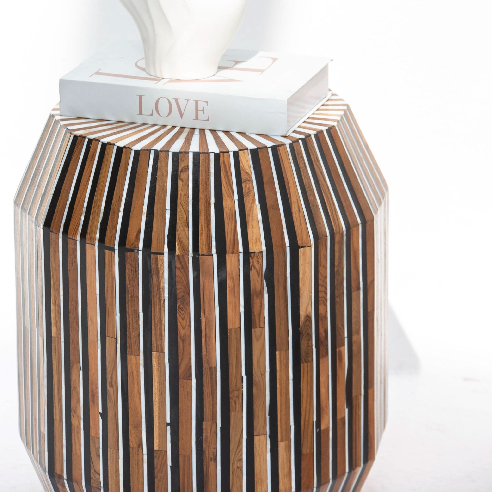 MYSTIC WOODEN INLAY BARREL SIDE STOOL - Art and craft furniture