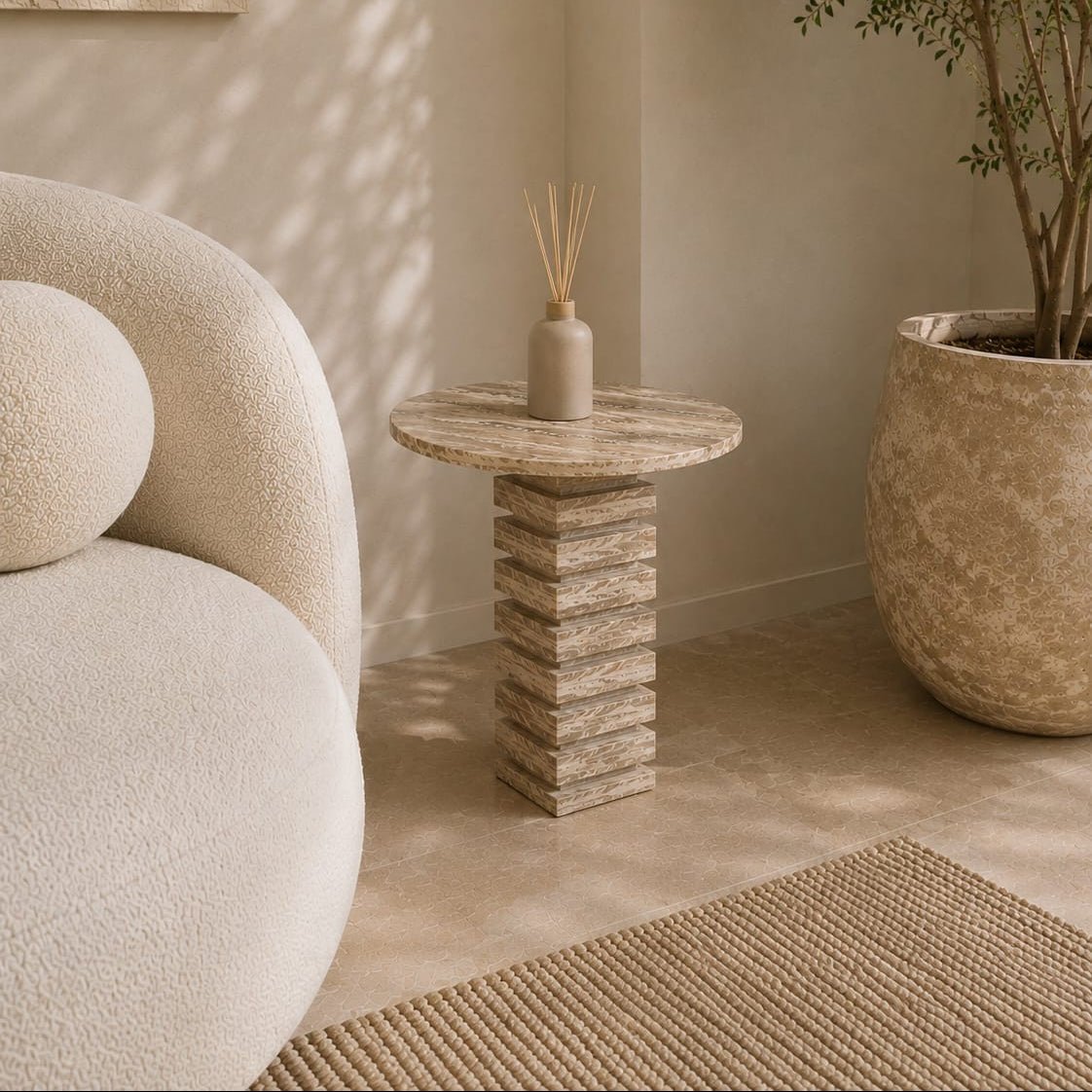 Natural Brown Travertine Side Table – Honed Finish - Art and craft furniture