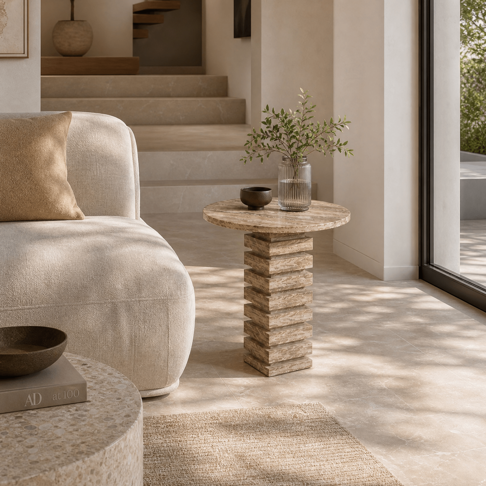 Natural Brown Travertine Side Table – Honed Finish - Art and craft furniture