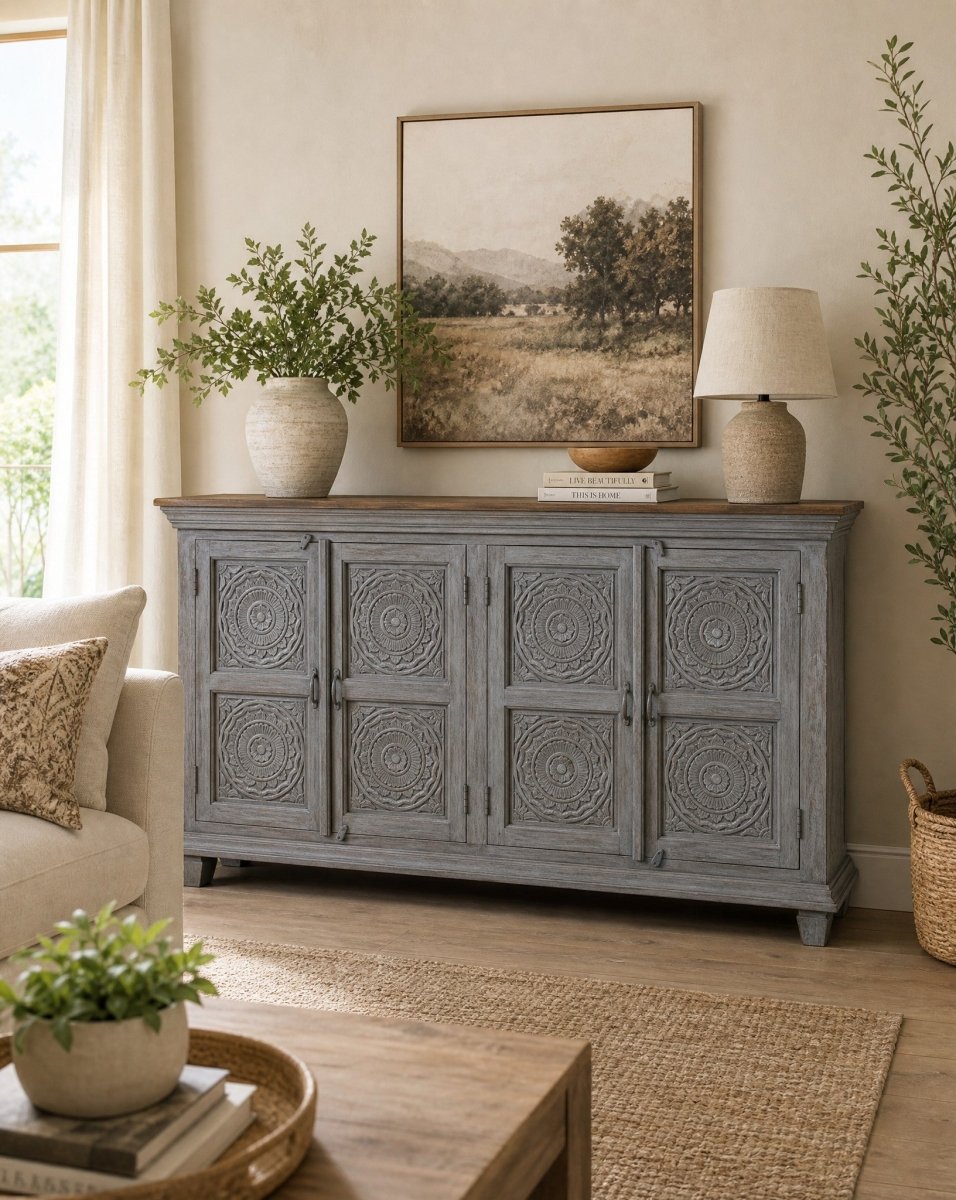 Novara Grey Carwing Sideboard - Art and craft furniture