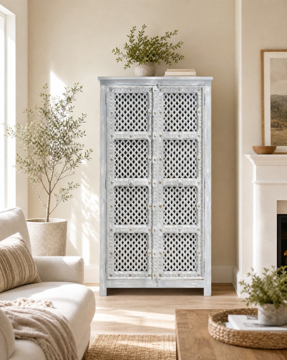 Novira Carved Lattice Cabinet - Art and craft furniture