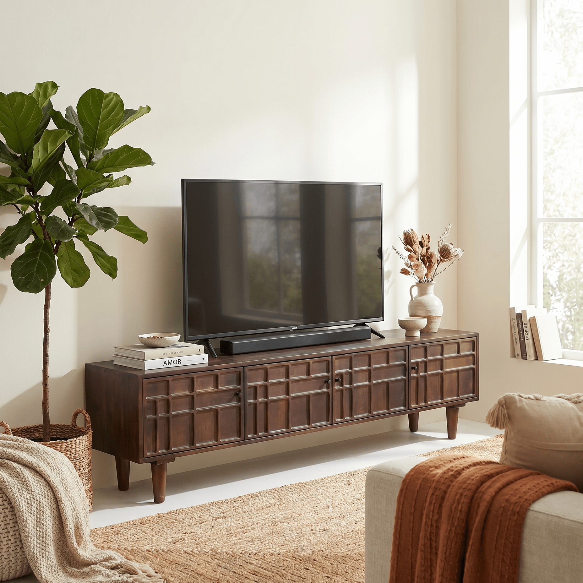 NUVOR-BROWN WOODEN FOUR DOOR TV STAND - Art and craft furniture
