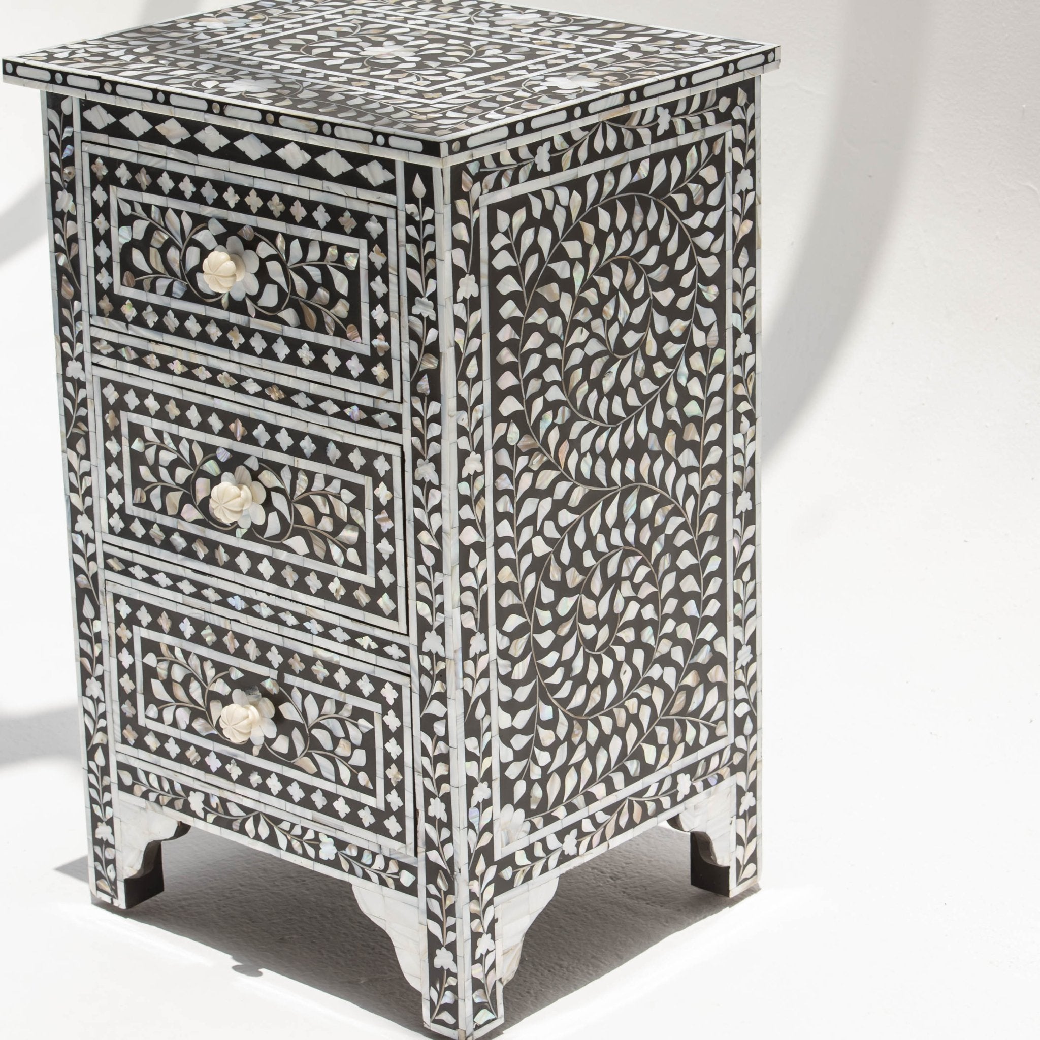 OCEAN-BLACK MOTHER OF PEARL THREE DRAWER BEDSIDE TABLE - Art and craft furniture