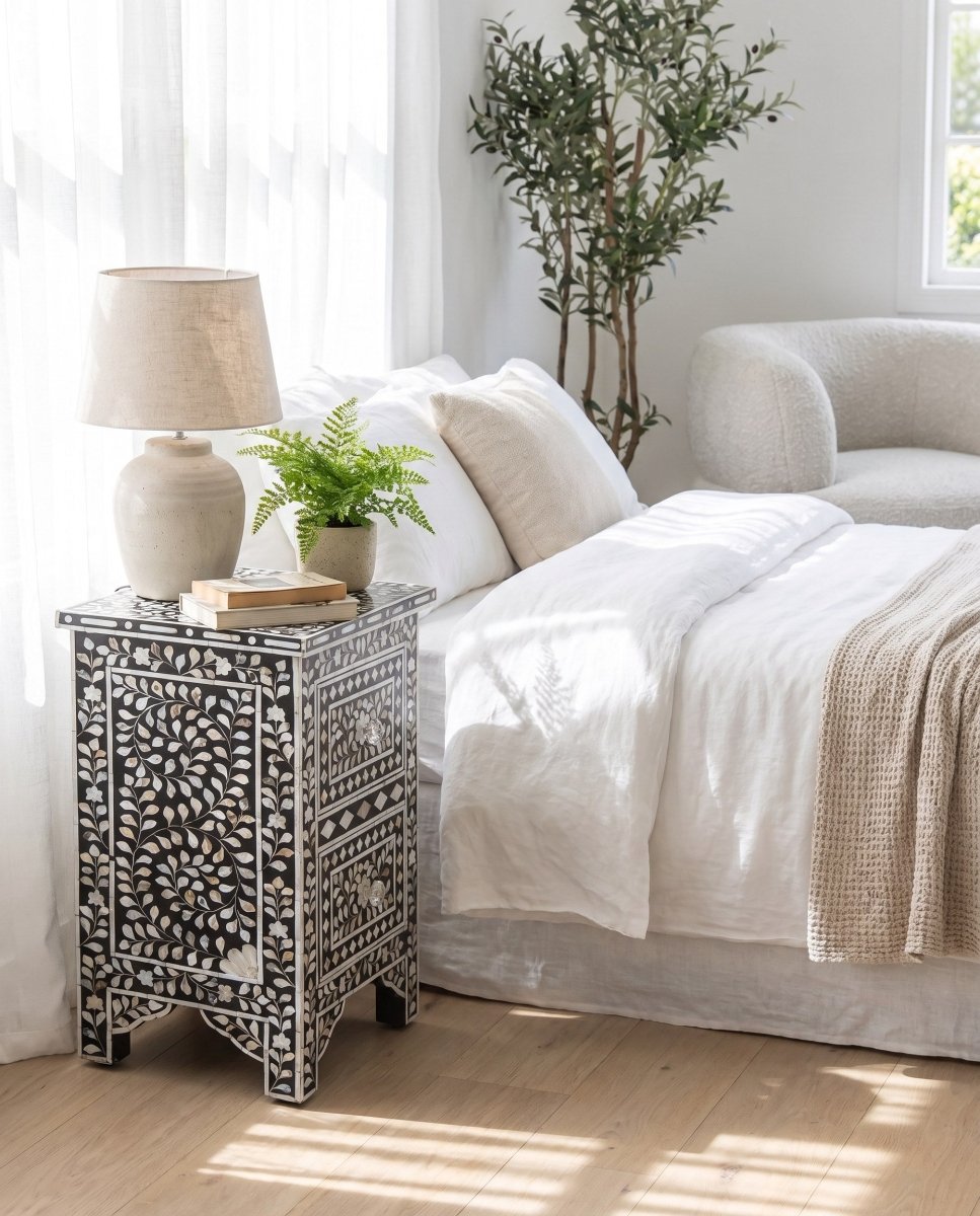 Ocean Black Mother Of Pearl Two Drawer Bedside Table - Art and craft furniture
