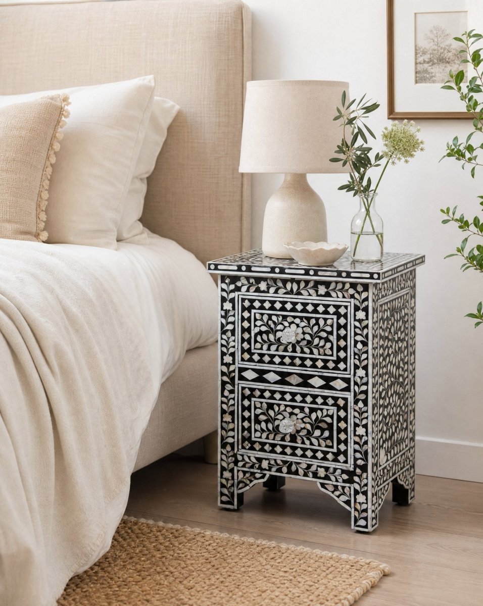 Ocean Black Mother Of Pearl Two Drawer Bedside Table - Art and craft furniture