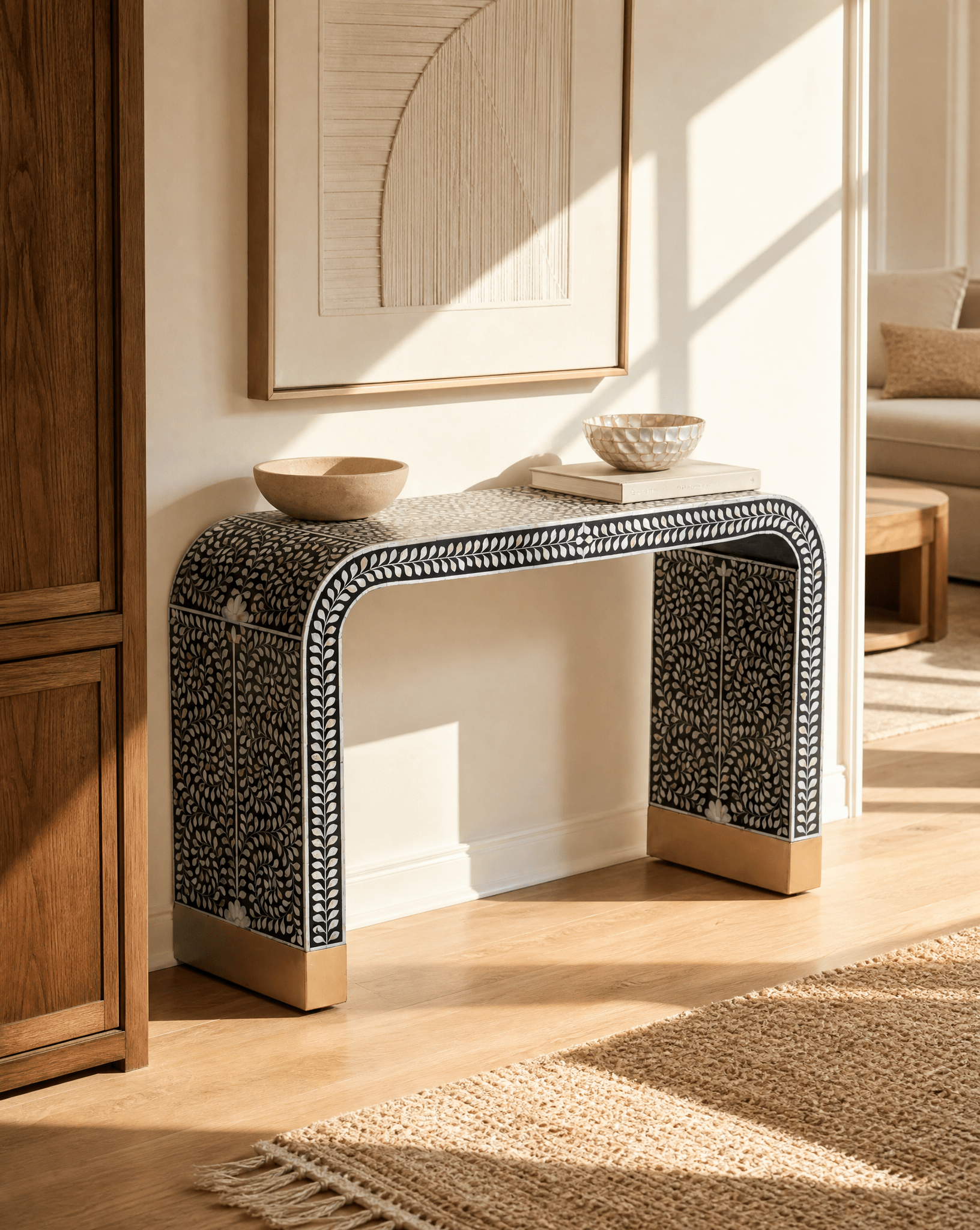 OCEAN-BLACK MOTHER OF PEARL U SHAPE CONSOLE TABLE - Art and craft furniture