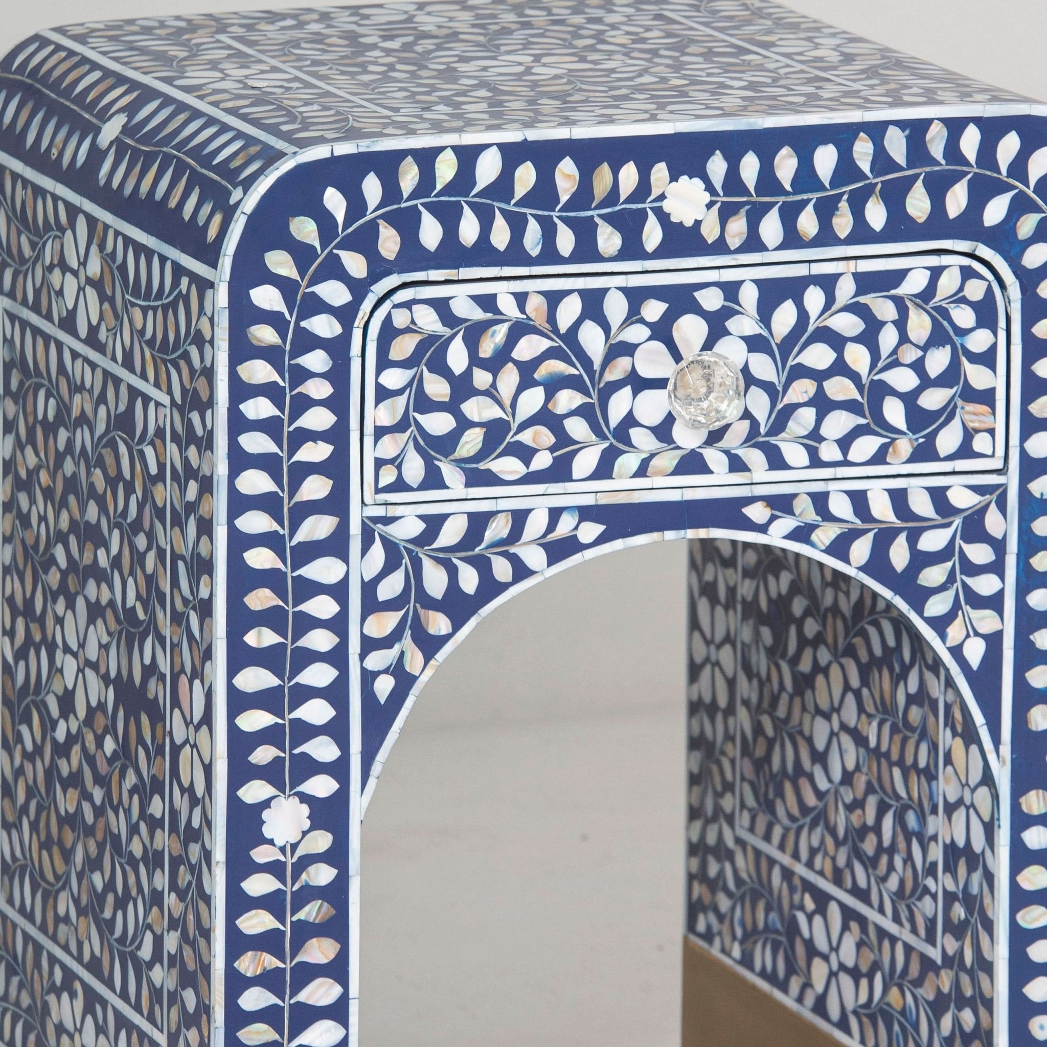 OCEAN-BLUE MOTHER OF PEARL ONE DRAWER BEDSIDE TABLE - Art and craft furniture
