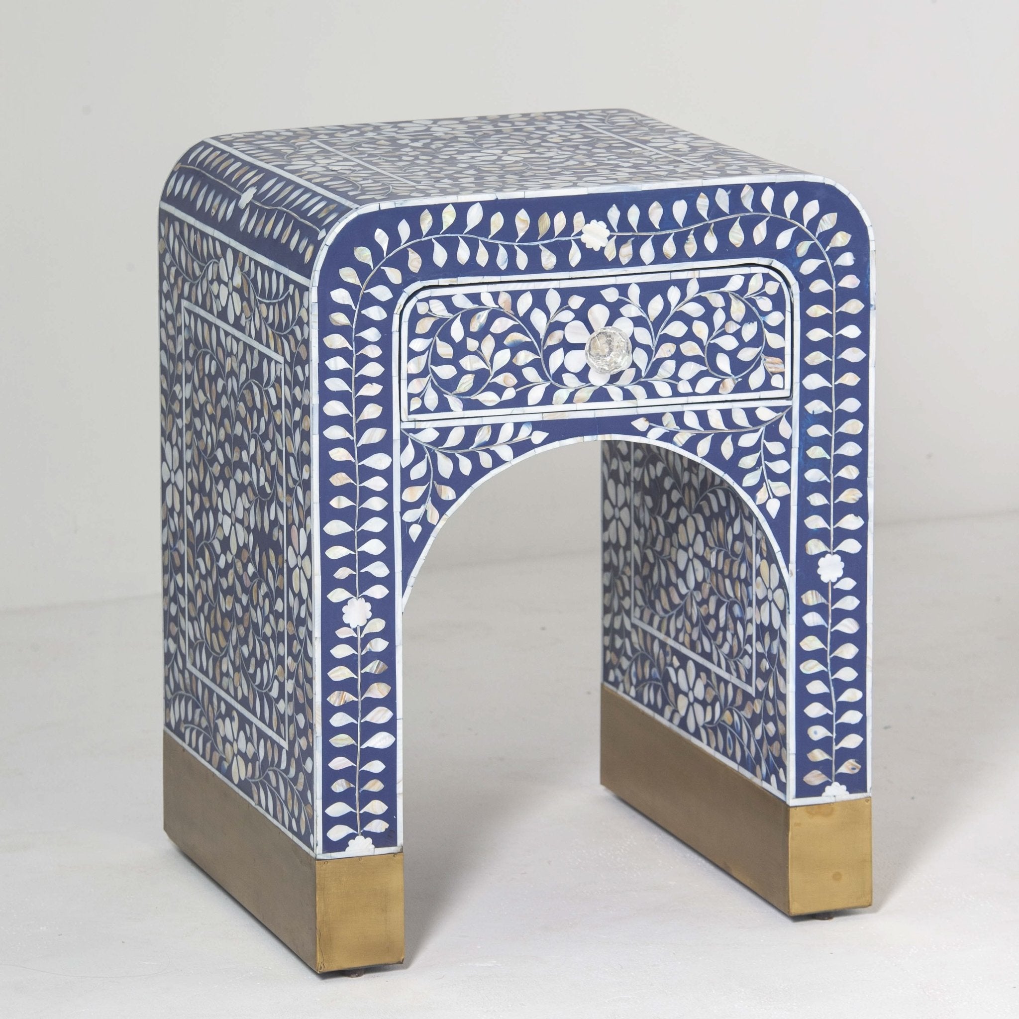 OCEAN-BLUE MOTHER OF PEARL ONE DRAWER BEDSIDE TABLE - Art and craft furniture