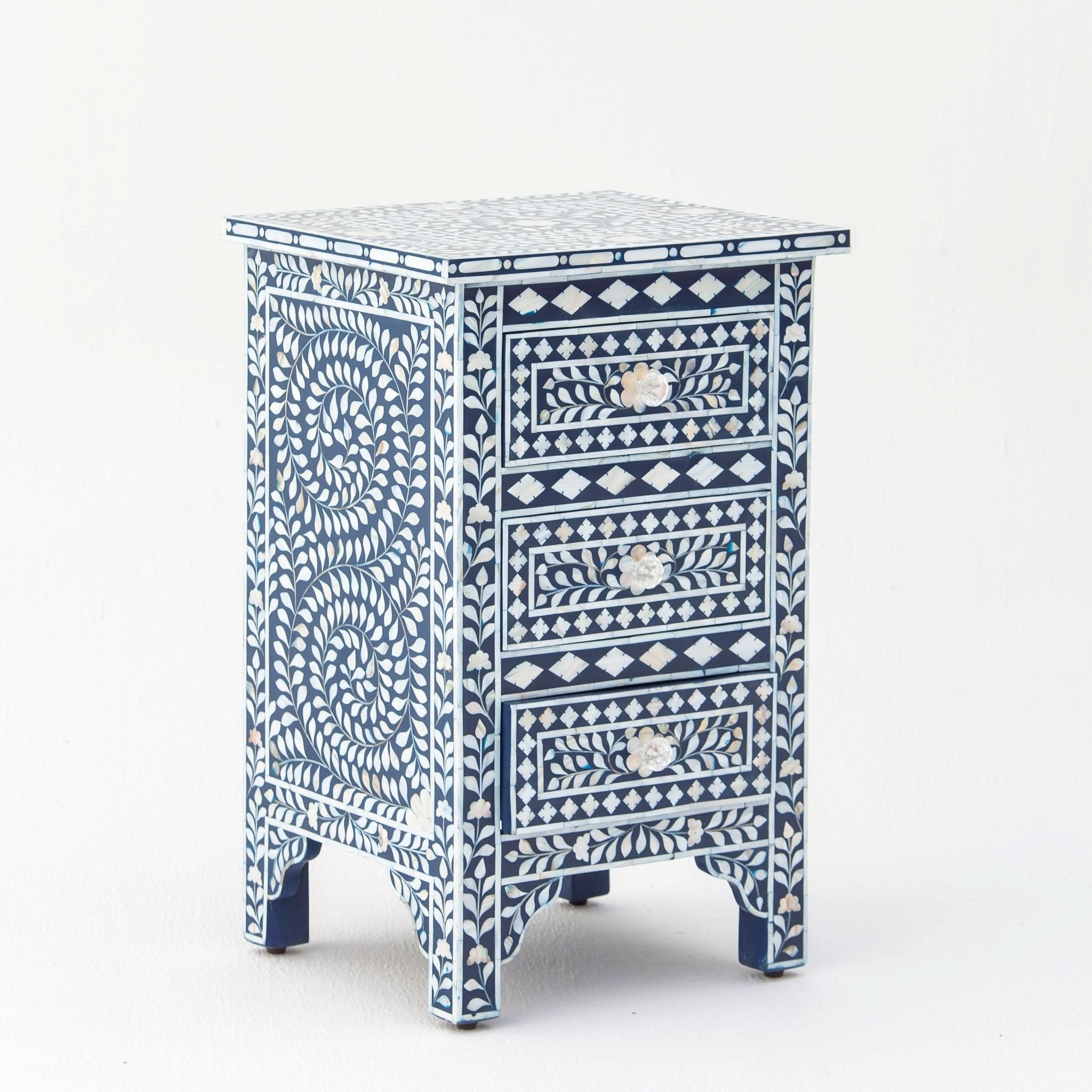 OCEAN-BLUE MOTHER OF PEARL THREE DRAWER BEDSIDE TABLE - Art and craft furniture