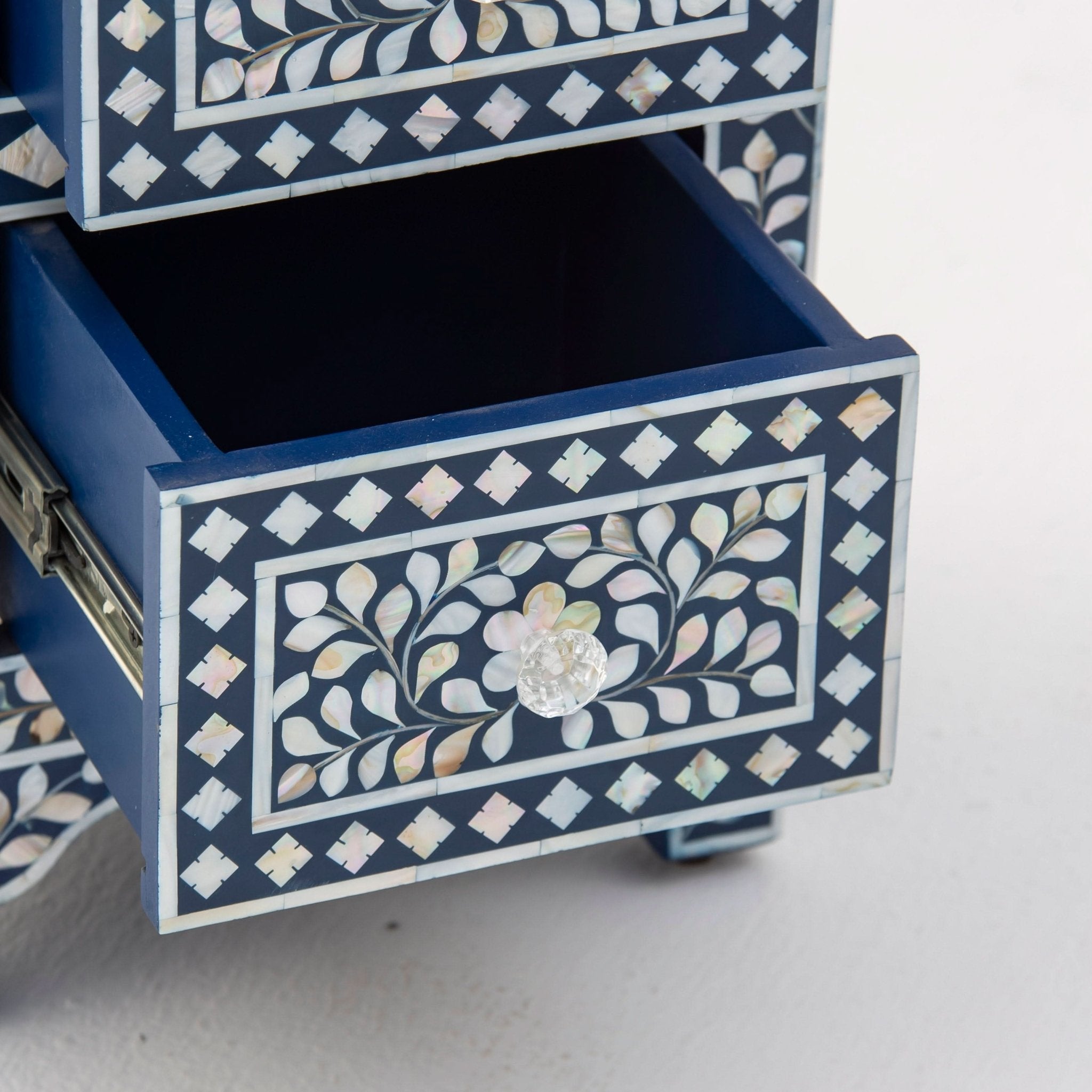 OCEAN-BLUE MOTHER OF PEARL THREE DRAWER BEDSIDE TABLE - Art and craft furniture
