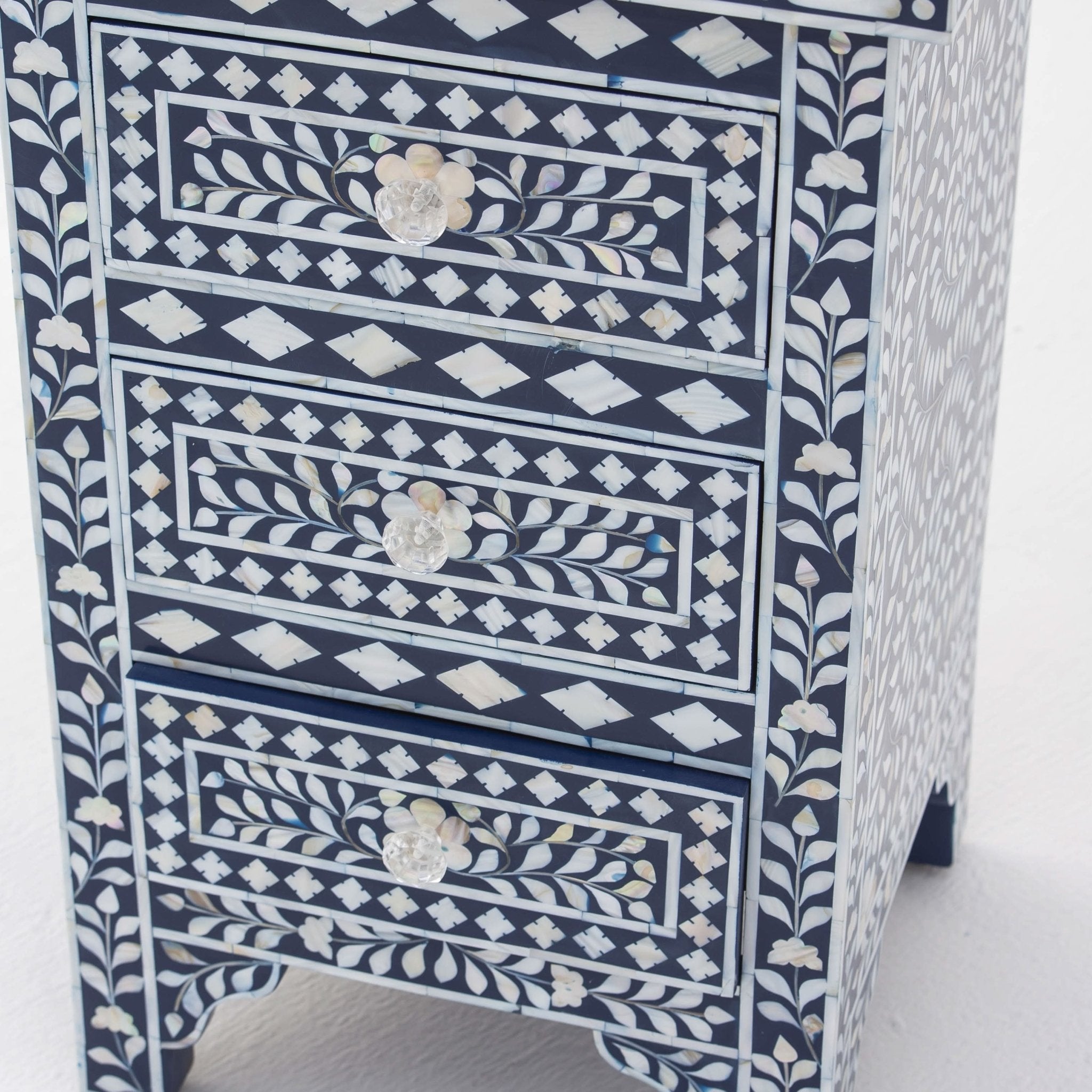 OCEAN-BLUE MOTHER OF PEARL THREE DRAWER BEDSIDE TABLE - Art and craft furniture