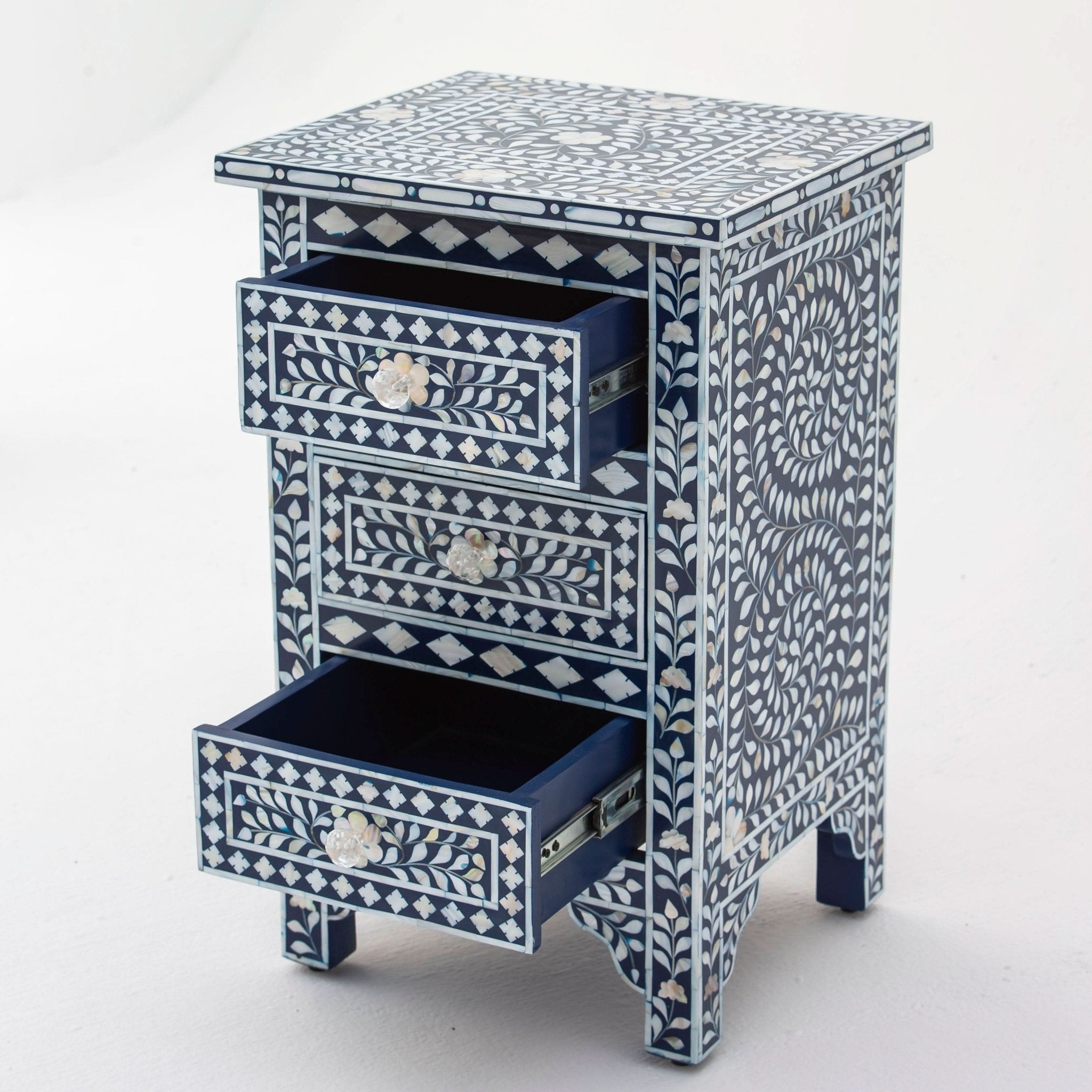 OCEAN-BLUE MOTHER OF PEARL THREE DRAWER BEDSIDE TABLE - Art and craft furniture