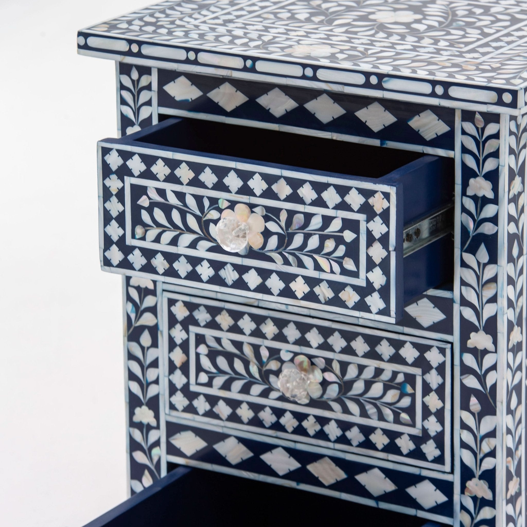 OCEAN-BLUE MOTHER OF PEARL THREE DRAWER BEDSIDE TABLE - Art and craft furniture