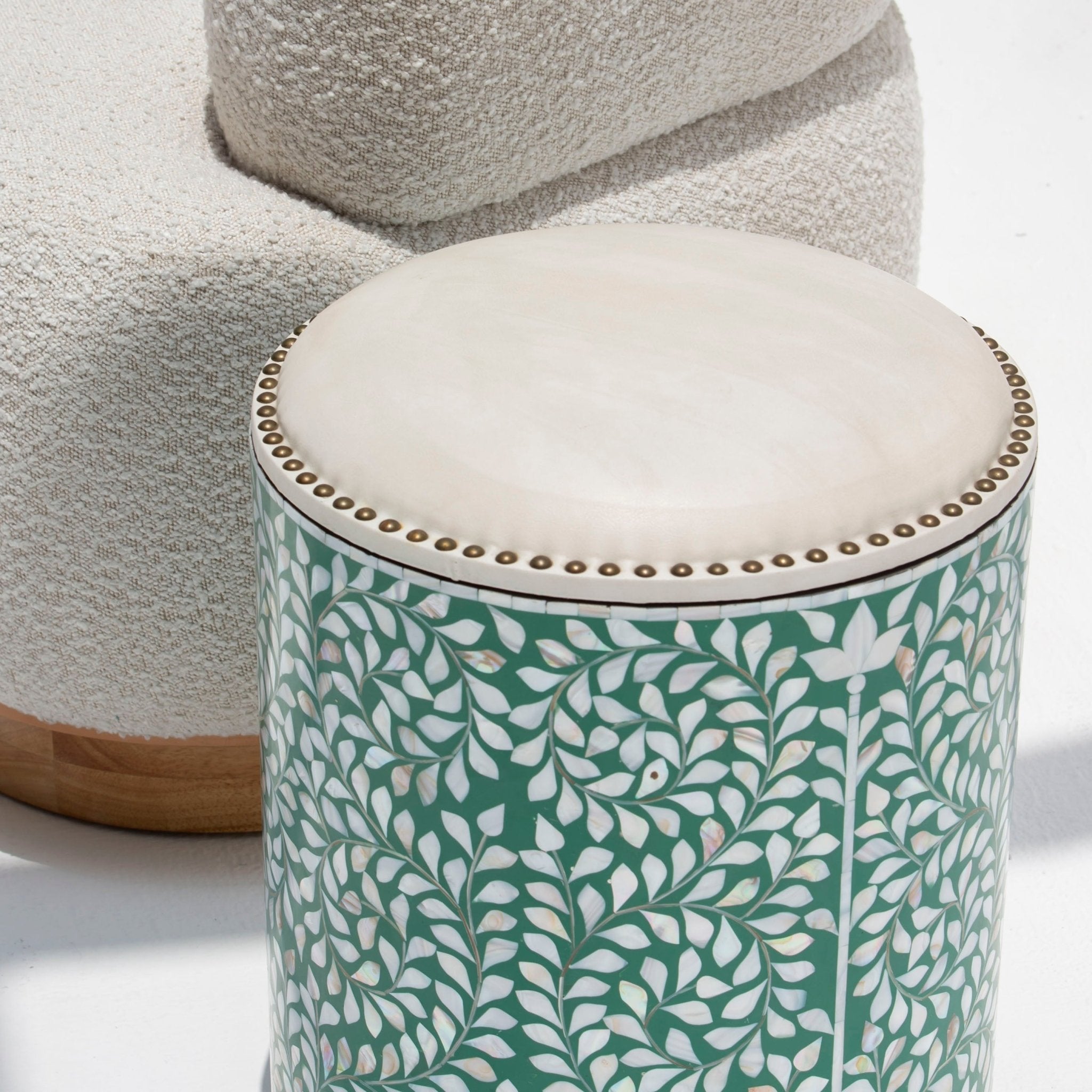 OCEAN-GREEN MOTHER OF PEARL ROUND STOOL - Art and craft furniture