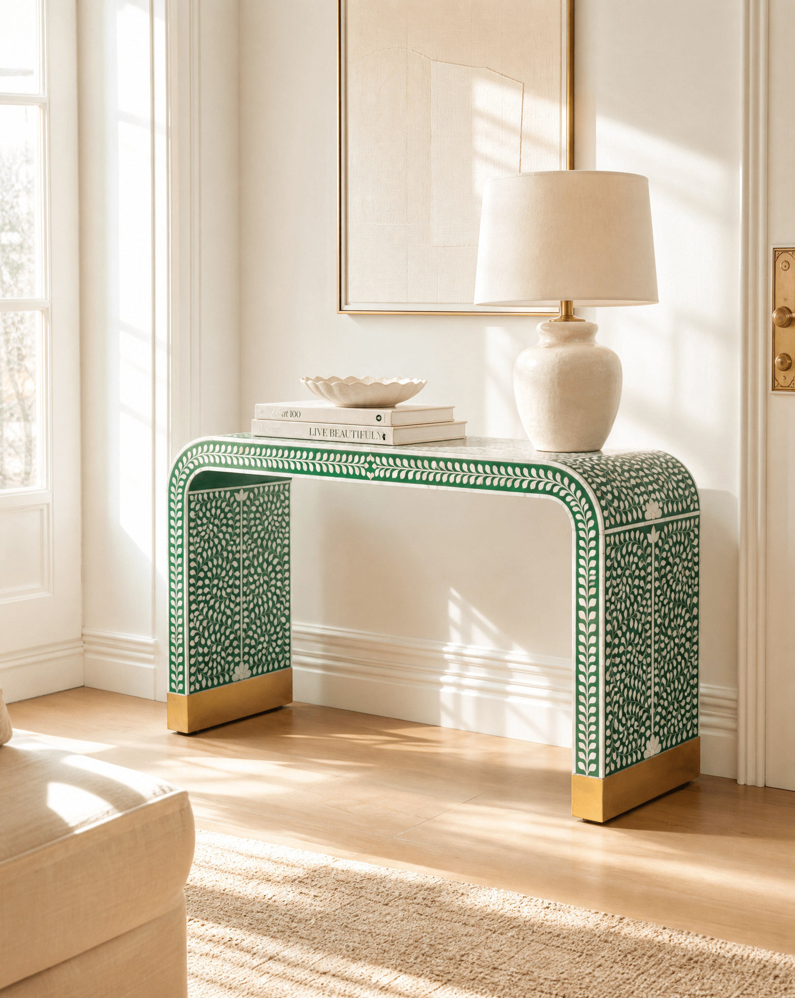 OCEAN-GREEN MOTHER OF PEARL U SHAPE CONSOLE TABLE - Art and craft furniture