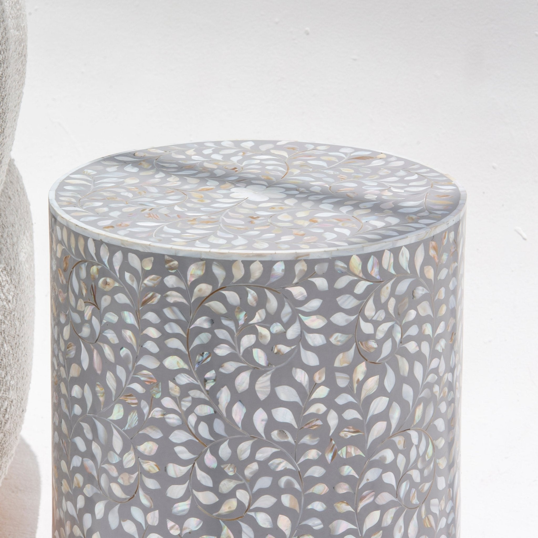 OCEAN-GREY MOTHER OF PEARL ROUND SIDE TABLE - Art and craft furniture